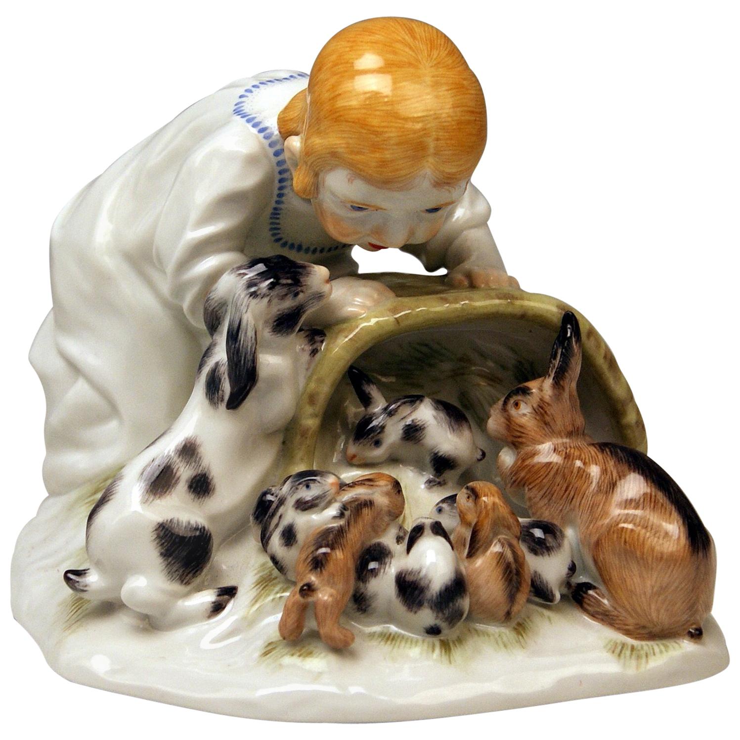 Meissen Girl with Rabbits Model 73441 Z 148 Max Bochmann Made 20th Century
