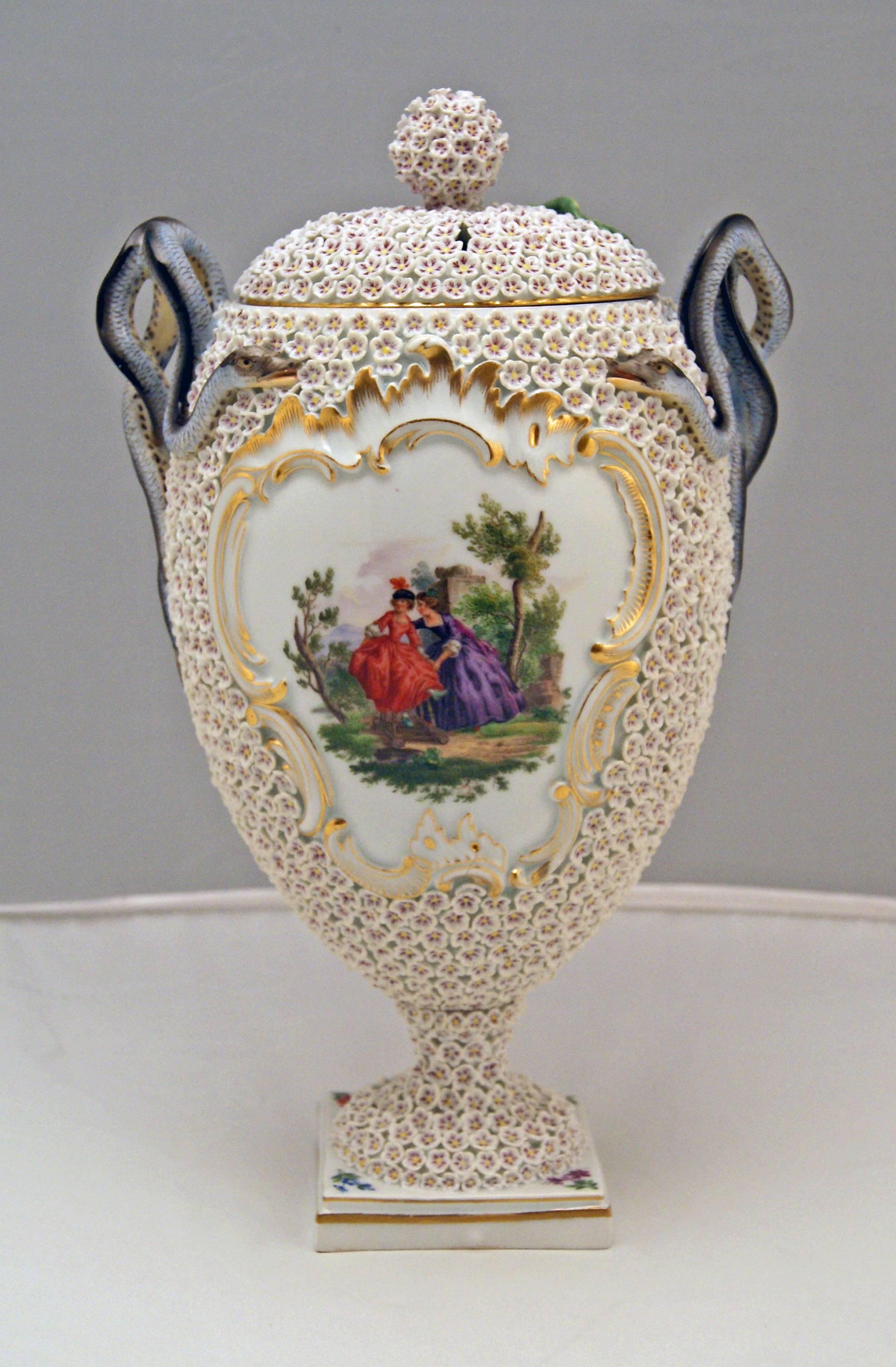 Rococo Meissen Goblet Lidded Vase with Snowball Pattern and Snake Handles Made