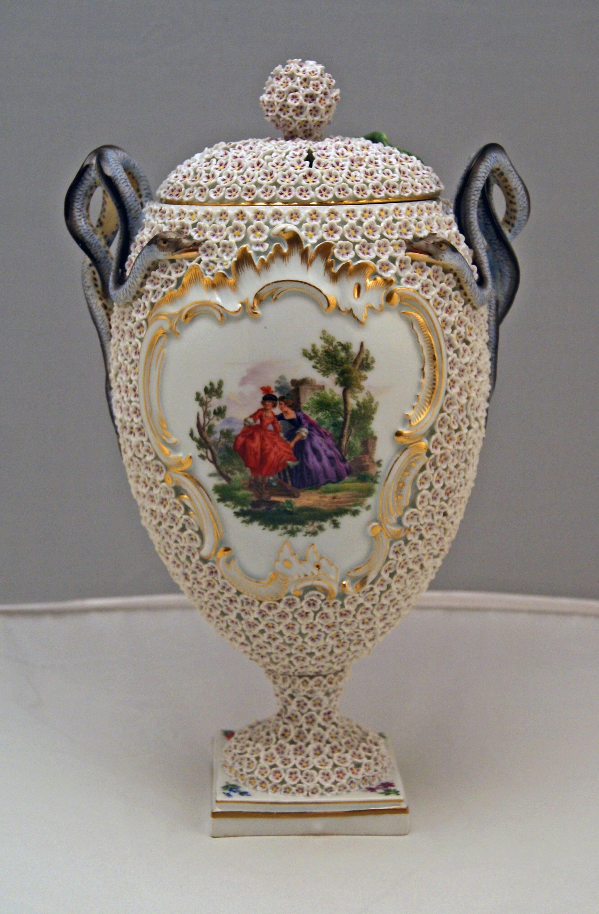 German Meissen Goblet Lidded Vase with Snowball Pattern and Snake Handles Made