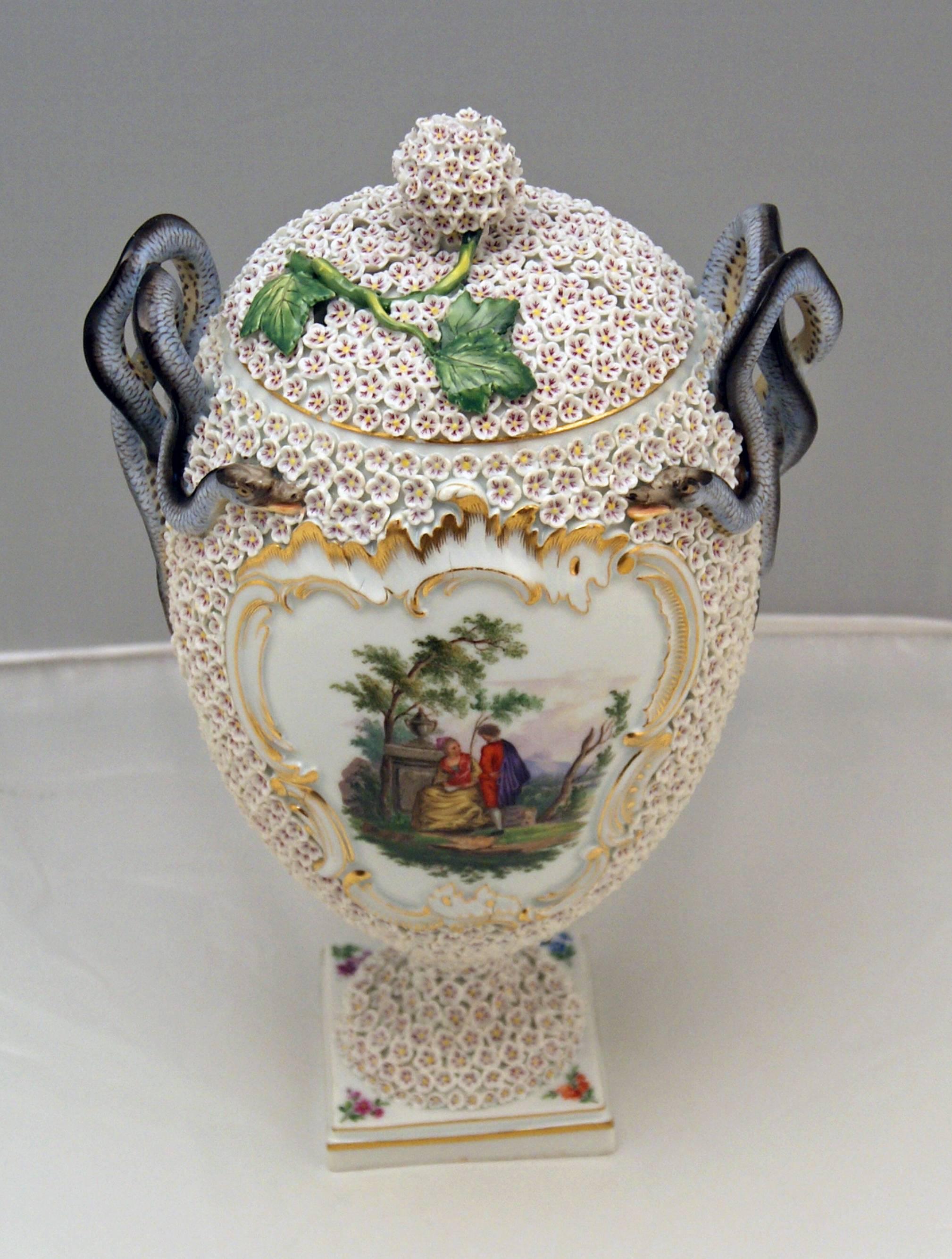 Painted Meissen Goblet Lidded Vase with Snowball Pattern and Snake Handles Made