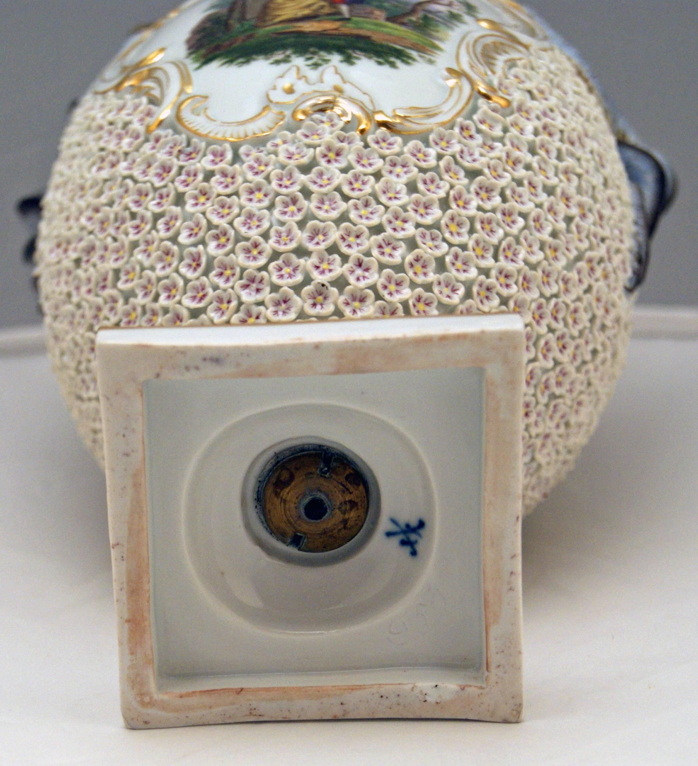 Porcelain Meissen Goblet Lidded Vase with Snowball Pattern and Snake Handles Made