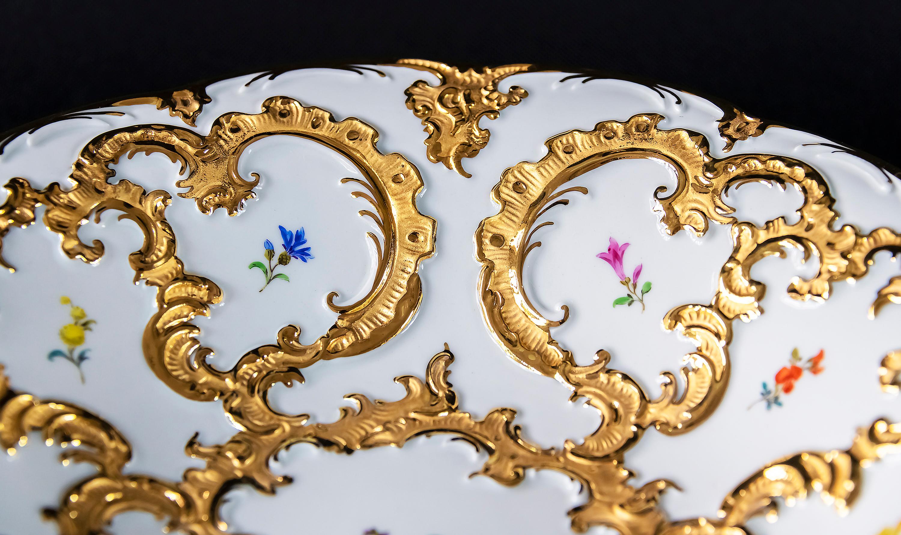 German Meissen Gold and Floral Decor Porcelain Plate For Sale