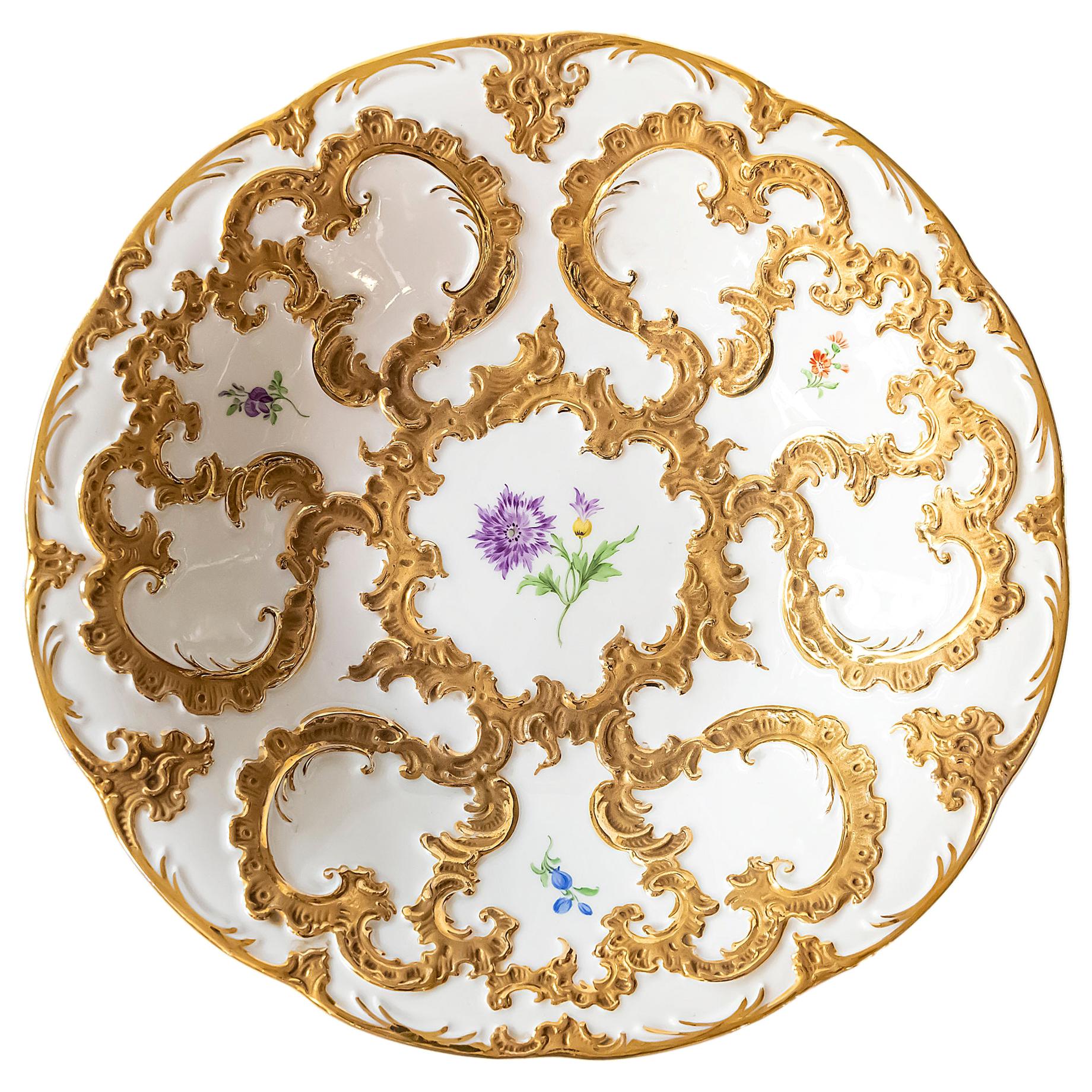 Meissen Gold and Floral Decor Porcelain Plate