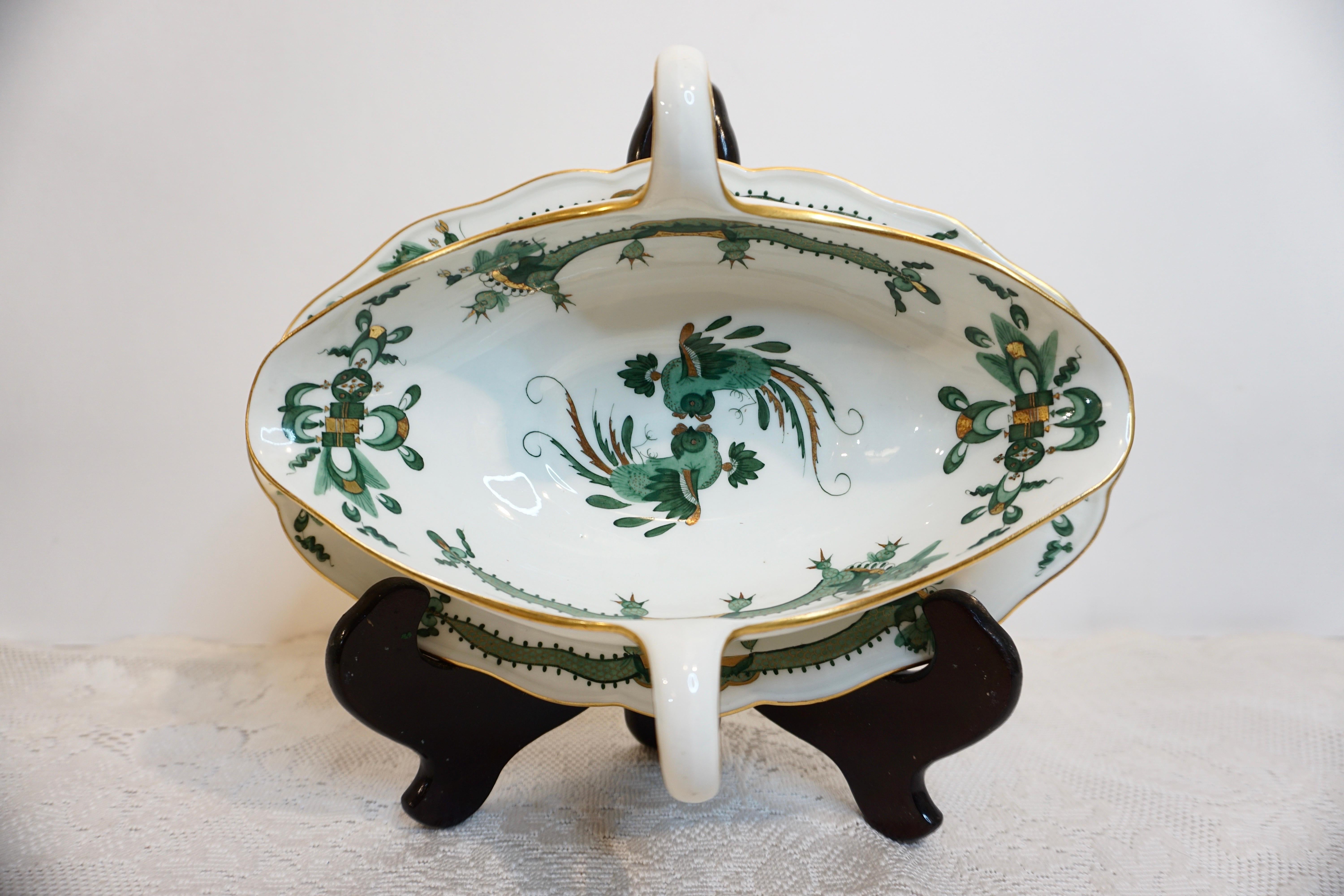 German Meissen Green Court Dragon Gravy Painted With Dragon and Phoenix Bird Decoration