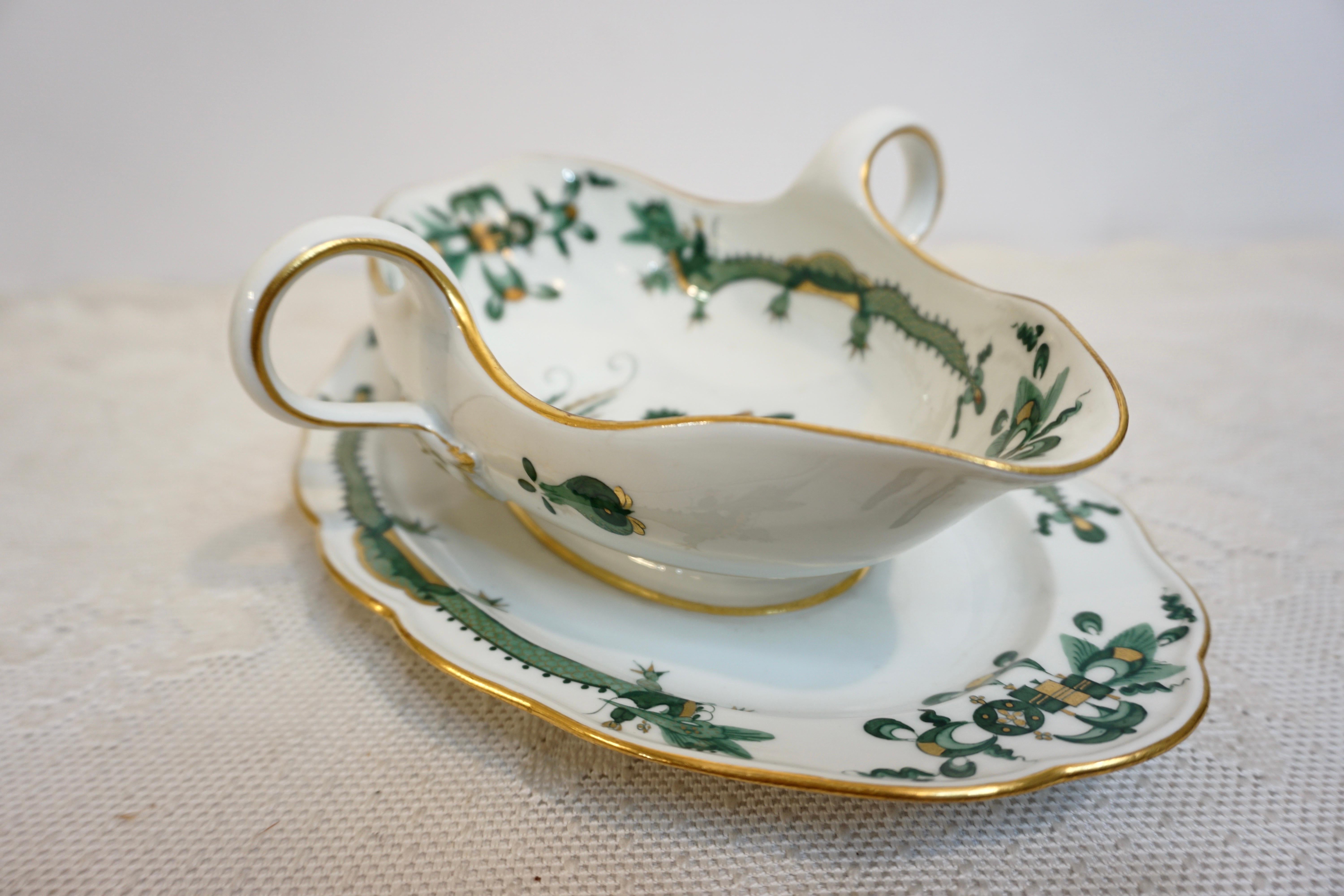 Hand-Painted Meissen Green Court Dragon Gravy Painted With Dragon and Phoenix Bird Decoration