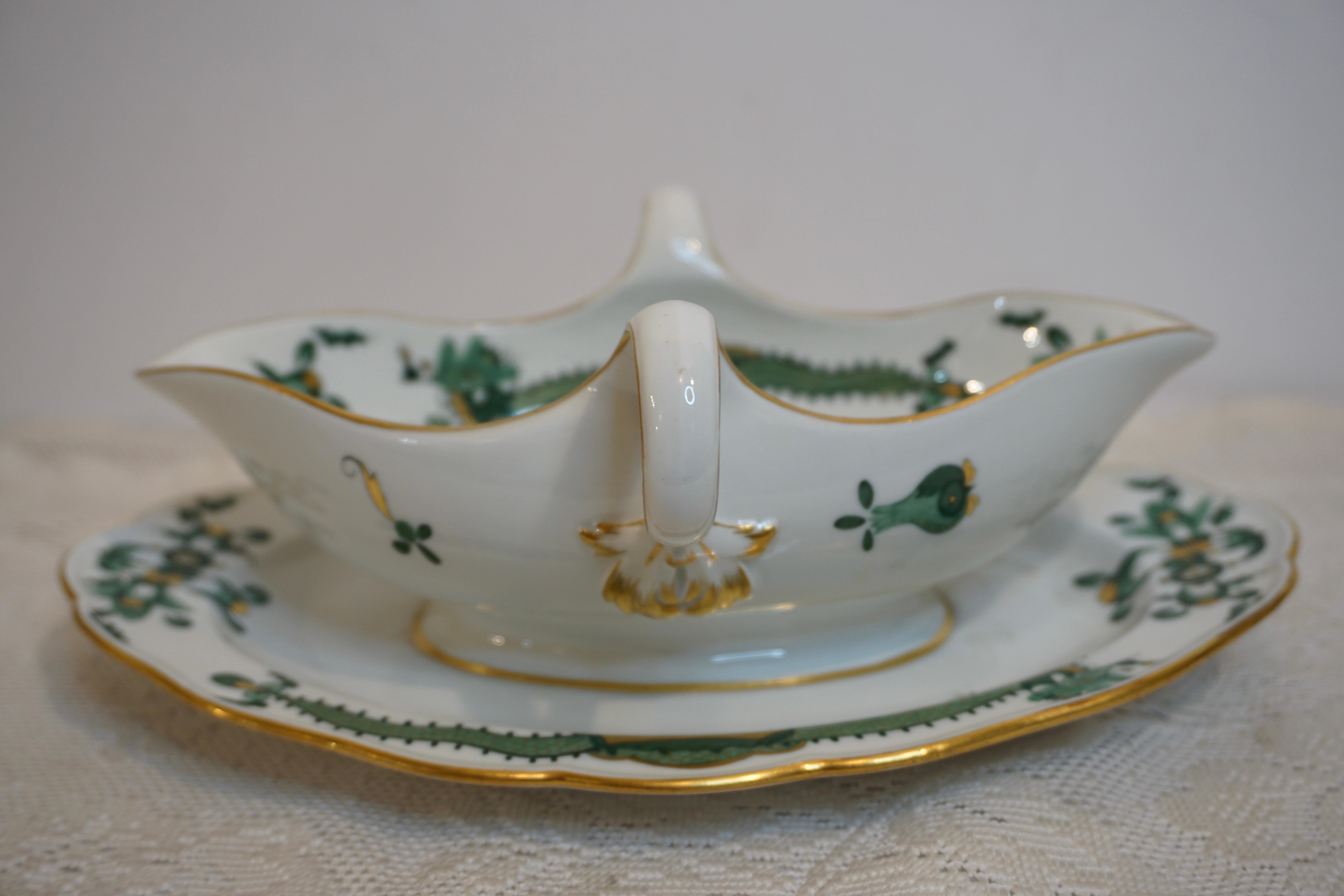 Meissen Green Court Dragon Gravy Painted With Dragon and Phoenix Bird Decoration In Good Condition In Boston, MA