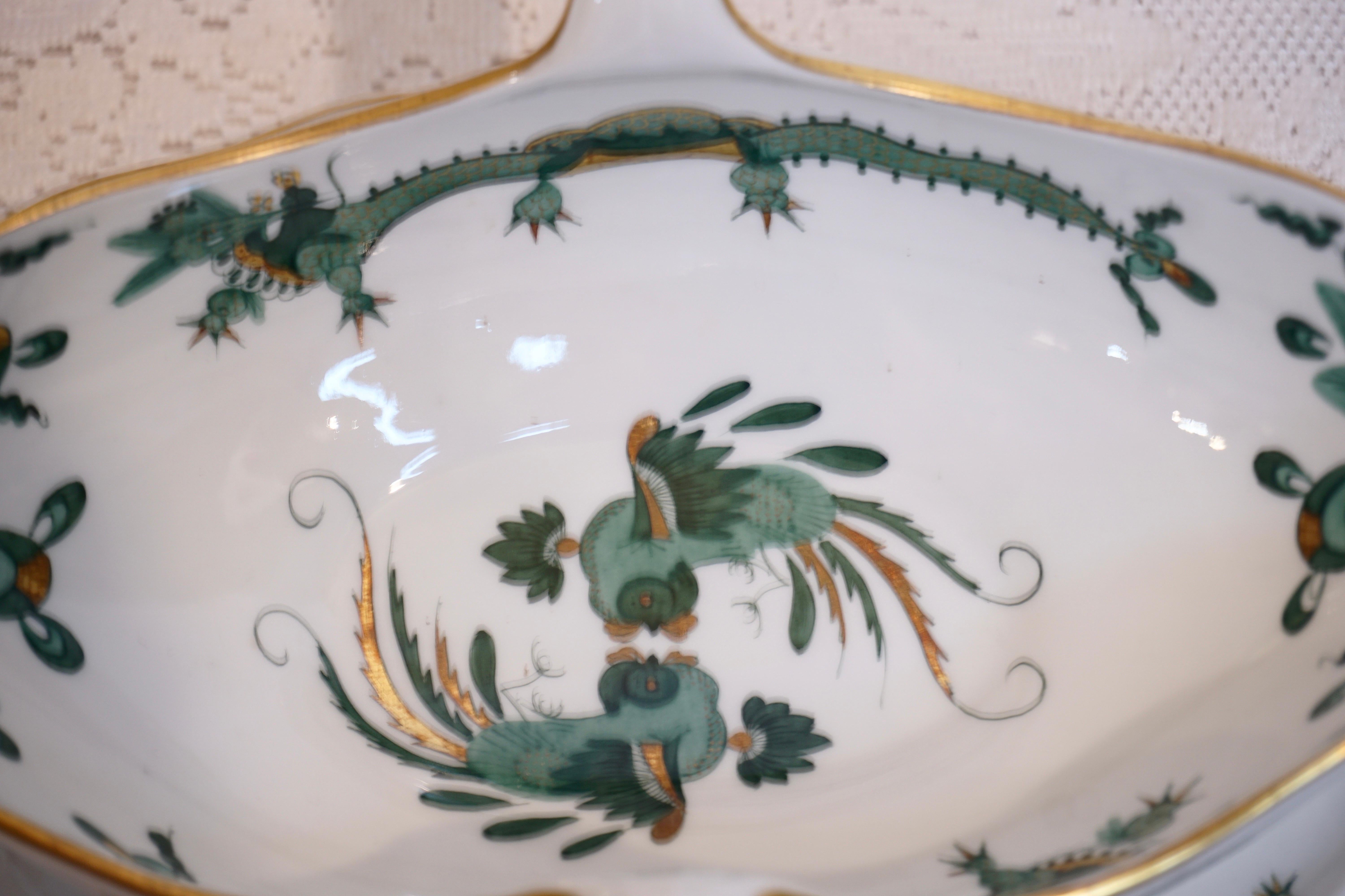 Porcelain Meissen Green Court Dragon Gravy Painted With Dragon and Phoenix Bird Decoration