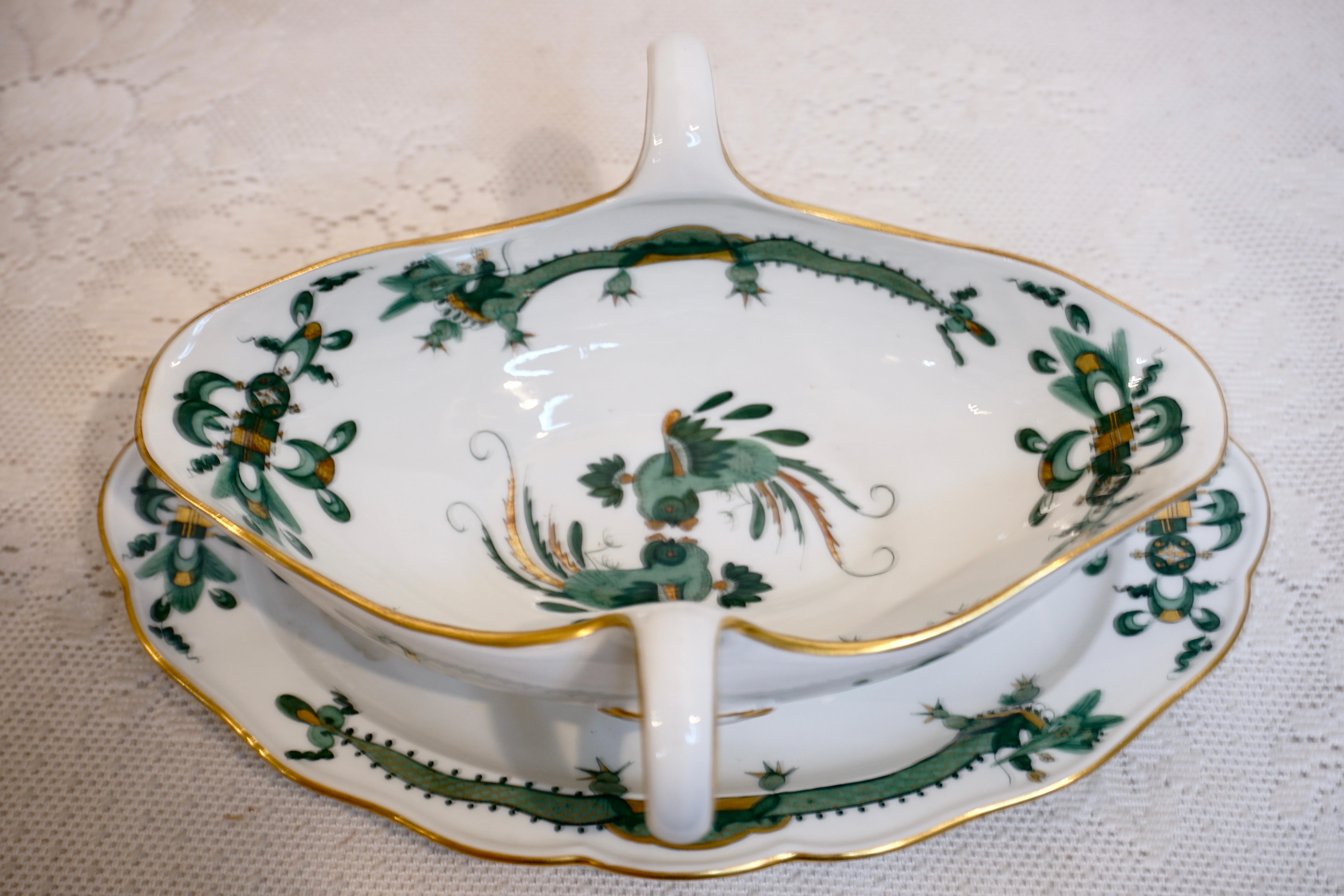 Meissen Green Court Dragon Gravy Painted With Dragon and Phoenix Bird Decoration 1
