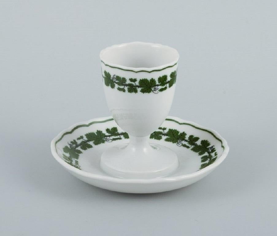 Hand-Painted Meissen. Green Ivy Vine, Four Parts, Egg Cup, Cup, Saucer and Cream Jug For Sale