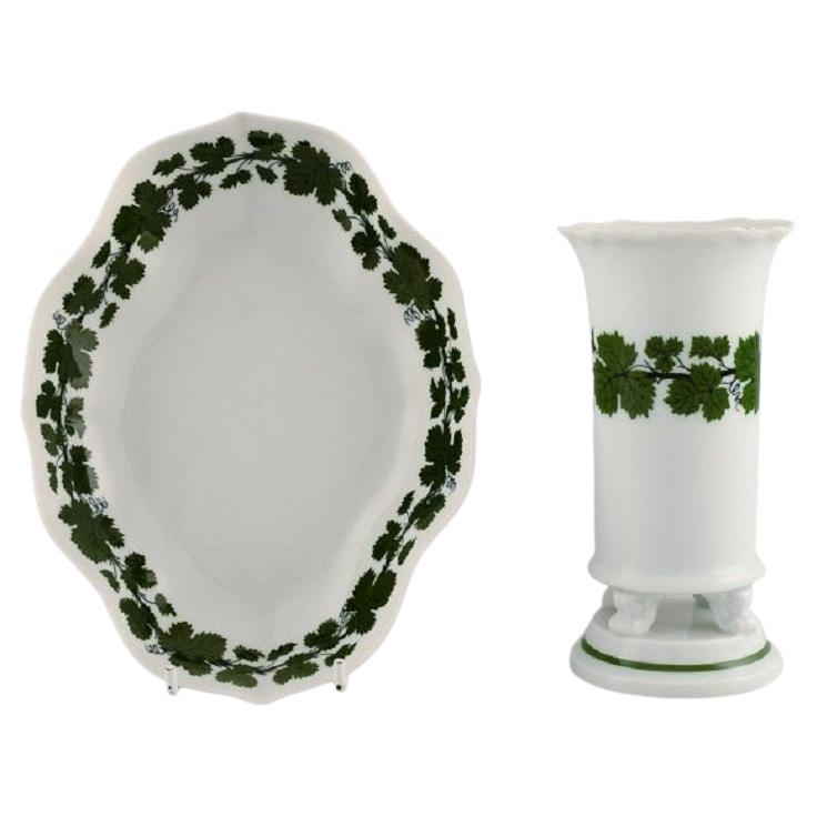 Meissen Green Ivy Vine Vase and Bowl in Hand-Painted Porcelain, 1940's For Sale