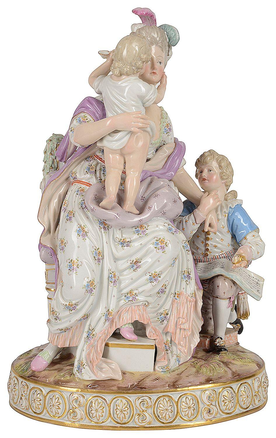 A fine quality late 19th Century Meissen porcelain group entitled 'A good mother'
Having wonderful detail and bold colours to the figures. The mother seated with a child holding her hand and the other standing on her lap.
 
Batch 65
