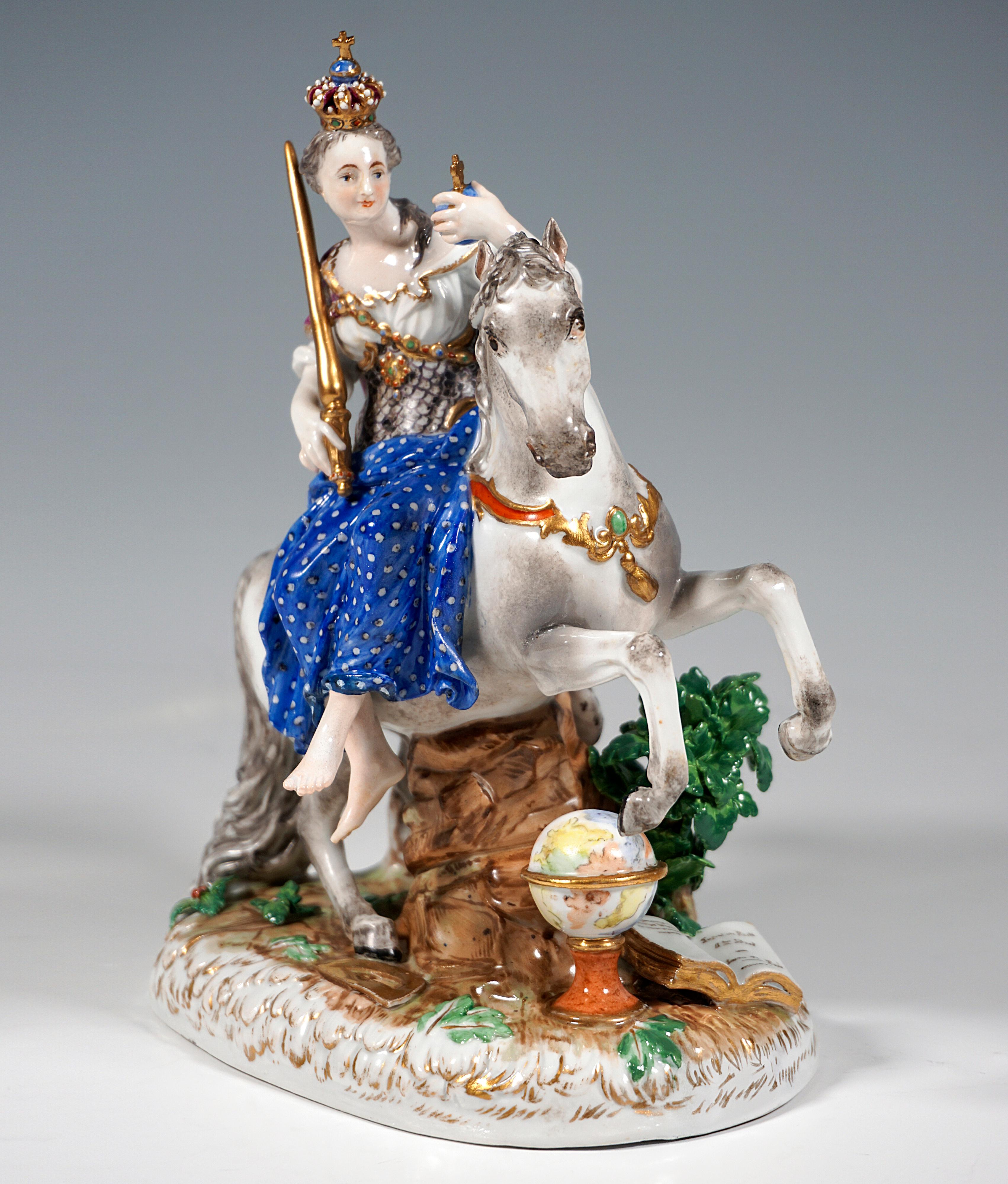 Very rare Meissen porcelain group of the 19th century:
Europe as young woman with imperial insignia: imperial crown on her upswept hair, imperial orb and scepter in her hands, dressed in chain bodice over blouse with golden hem, cape of gold and