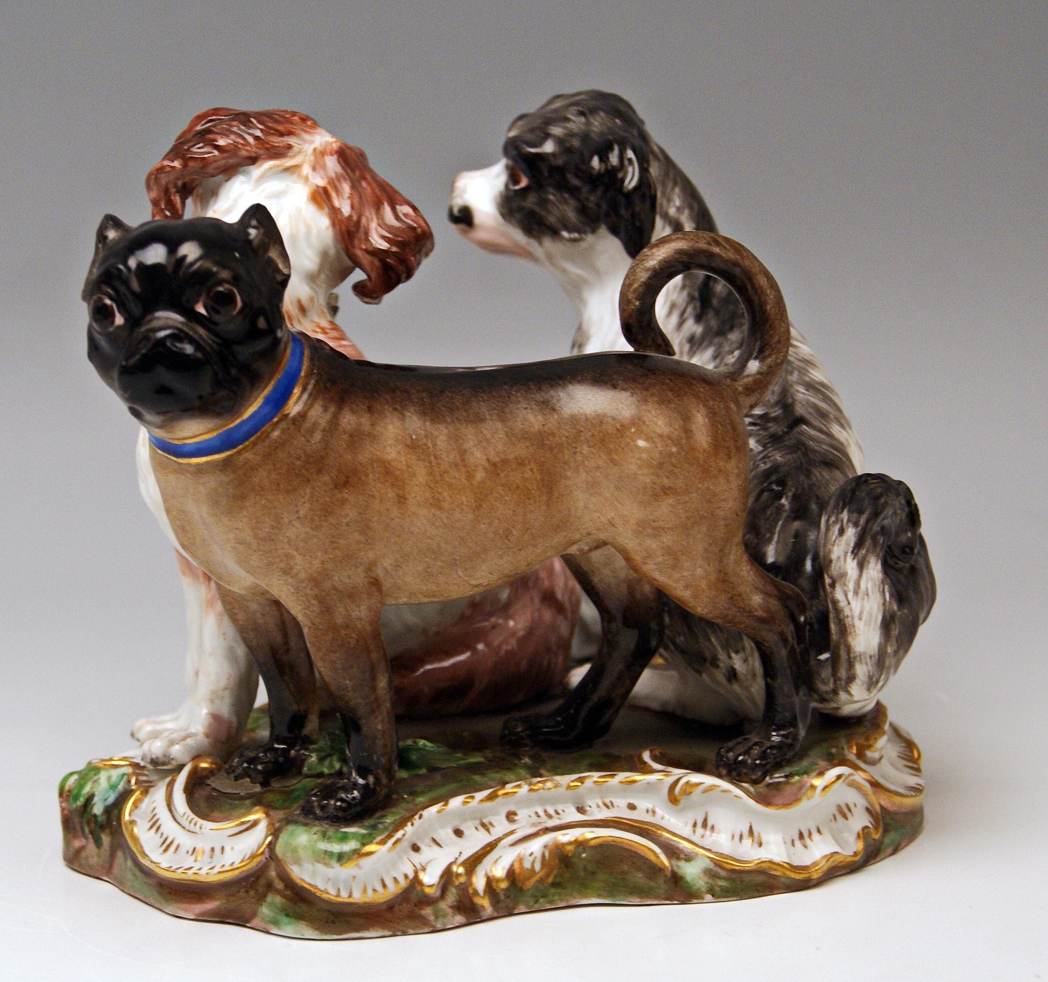 MEISSEN MOST LOVELY ANIMAL FIGURINES: GROUP OF THREE DOGS

Stunningly painted in most lifelike manner
(the dogs are painted in dark and bright brown as well as red brown and white & black). Earthen base with Rocaille ornaments existing.
Please