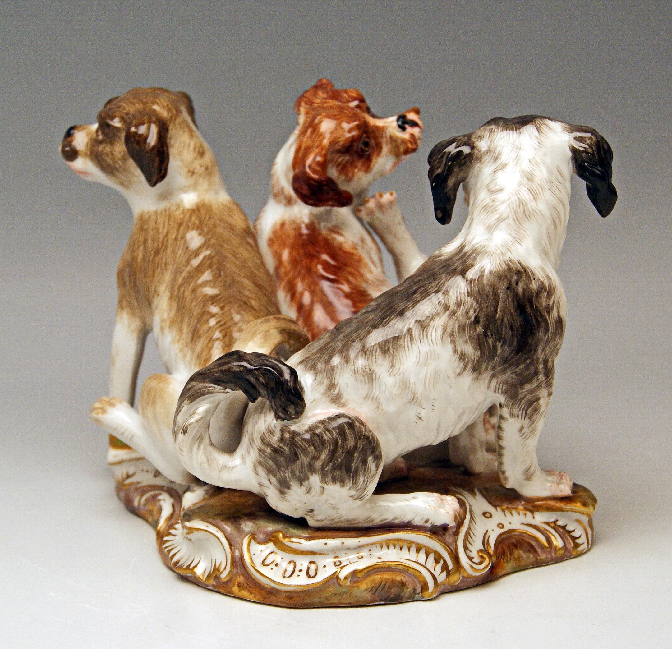 Rococo Meissen Group of Three Dogs Model 2104 by Johann Joachim Kaendler