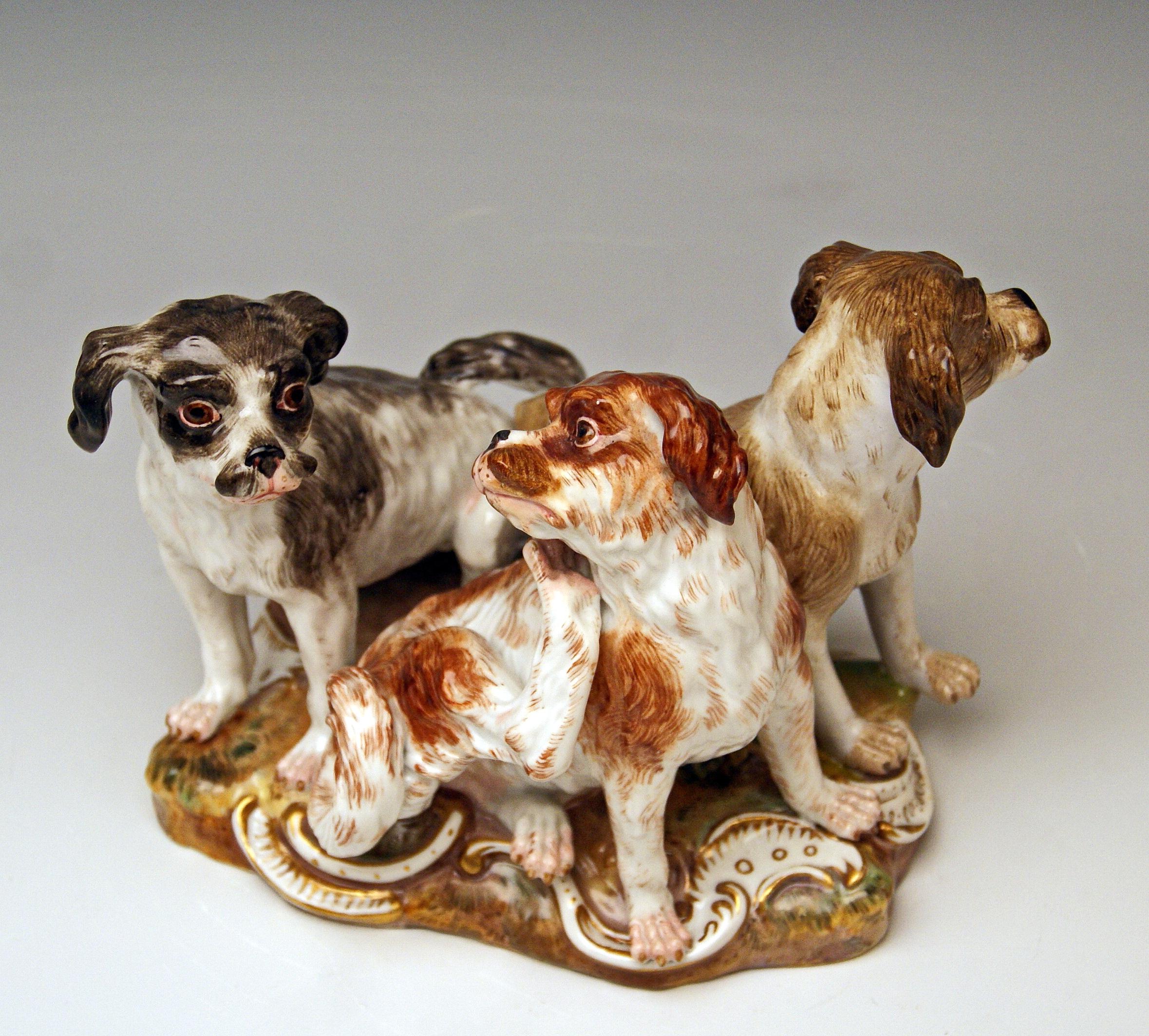 Painted Meissen Group of Three Dogs Model 2104 by Johann Joachim Kaendler