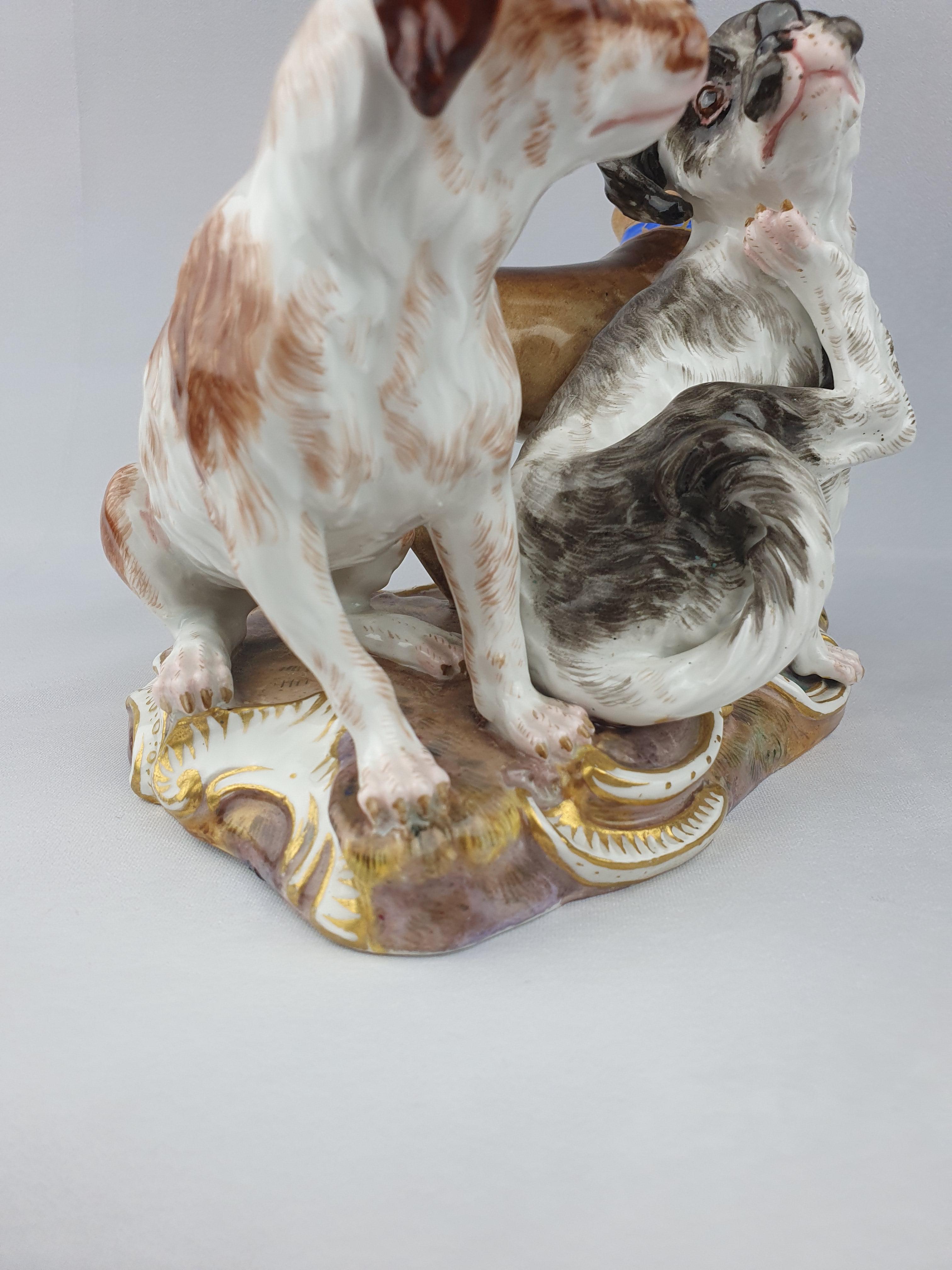 Hand-Painted Meissen Group of Three Dogs Two Bolognese Spaniels and a Pug Dog For Sale