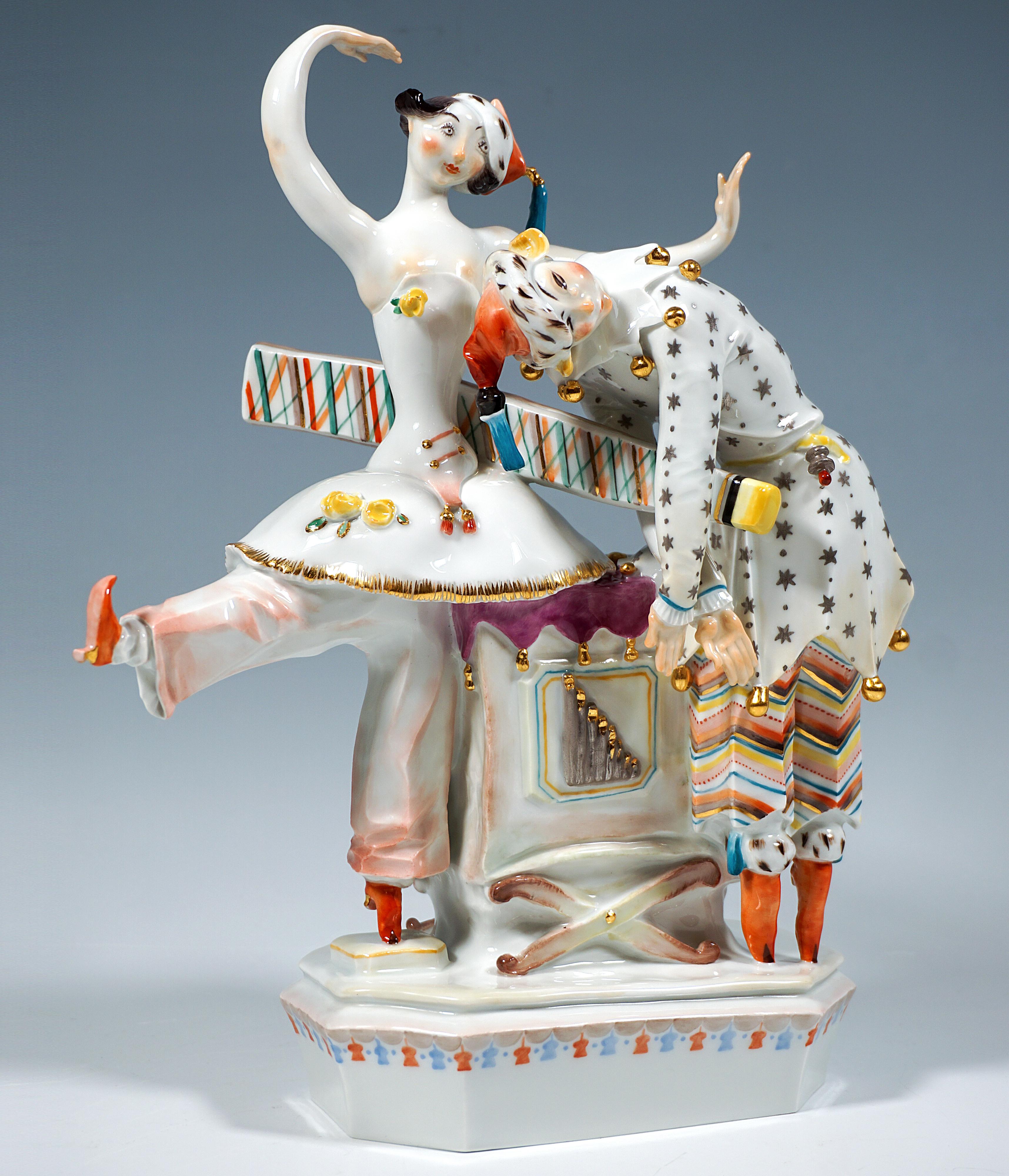 Finest Meissen Porcelain Figurine Group:
‘Petrushka’ is a ballet in four acts to the music of Igor Stravinsky. The action takes place at a fair in St. Petersburg in 1830. The main characters are three puppets of a juggler who mysteriously come to