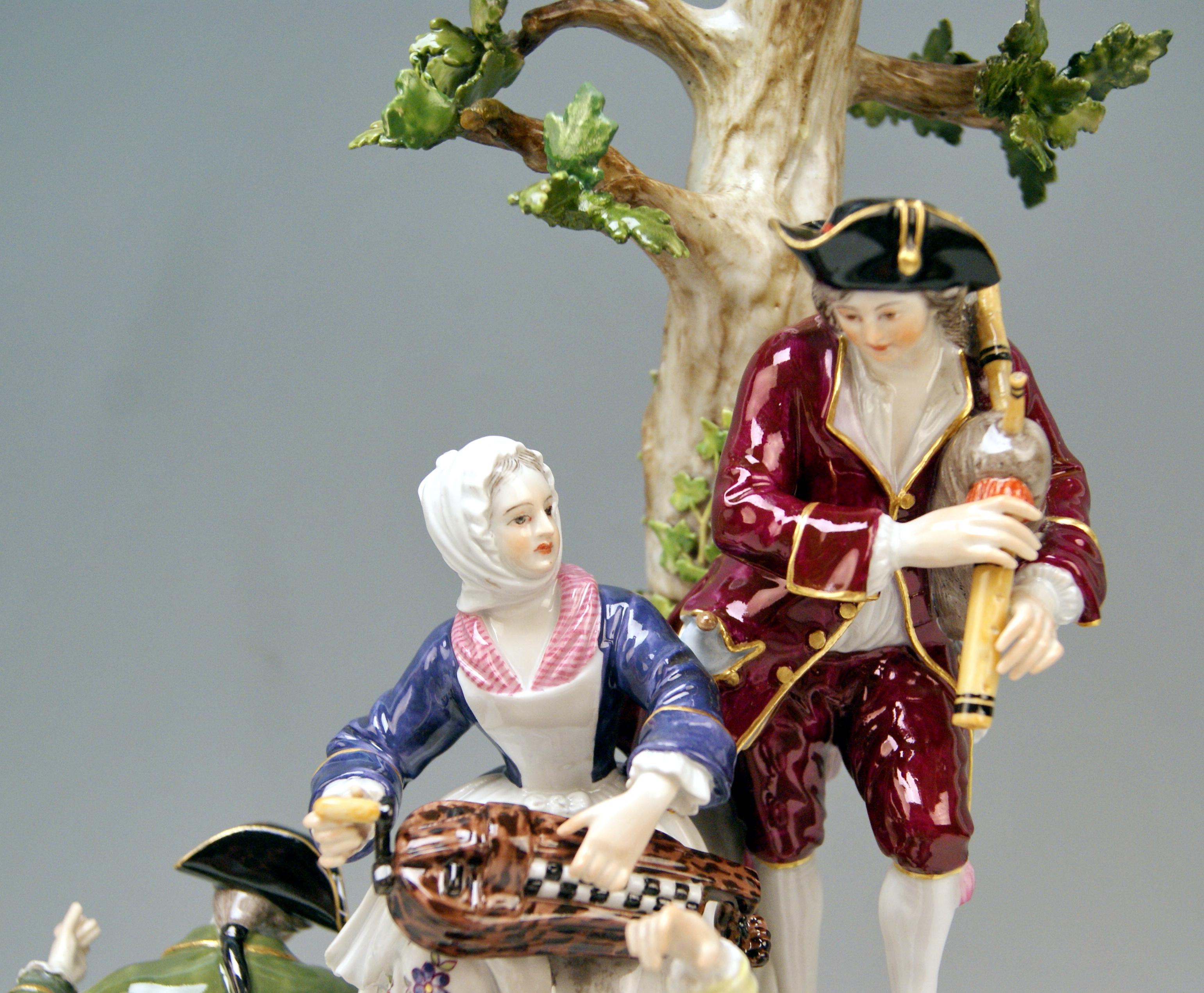 Rococo Meissen Group Six Figurines Gardeners Musicians, Acier Model D 96, circa 1870