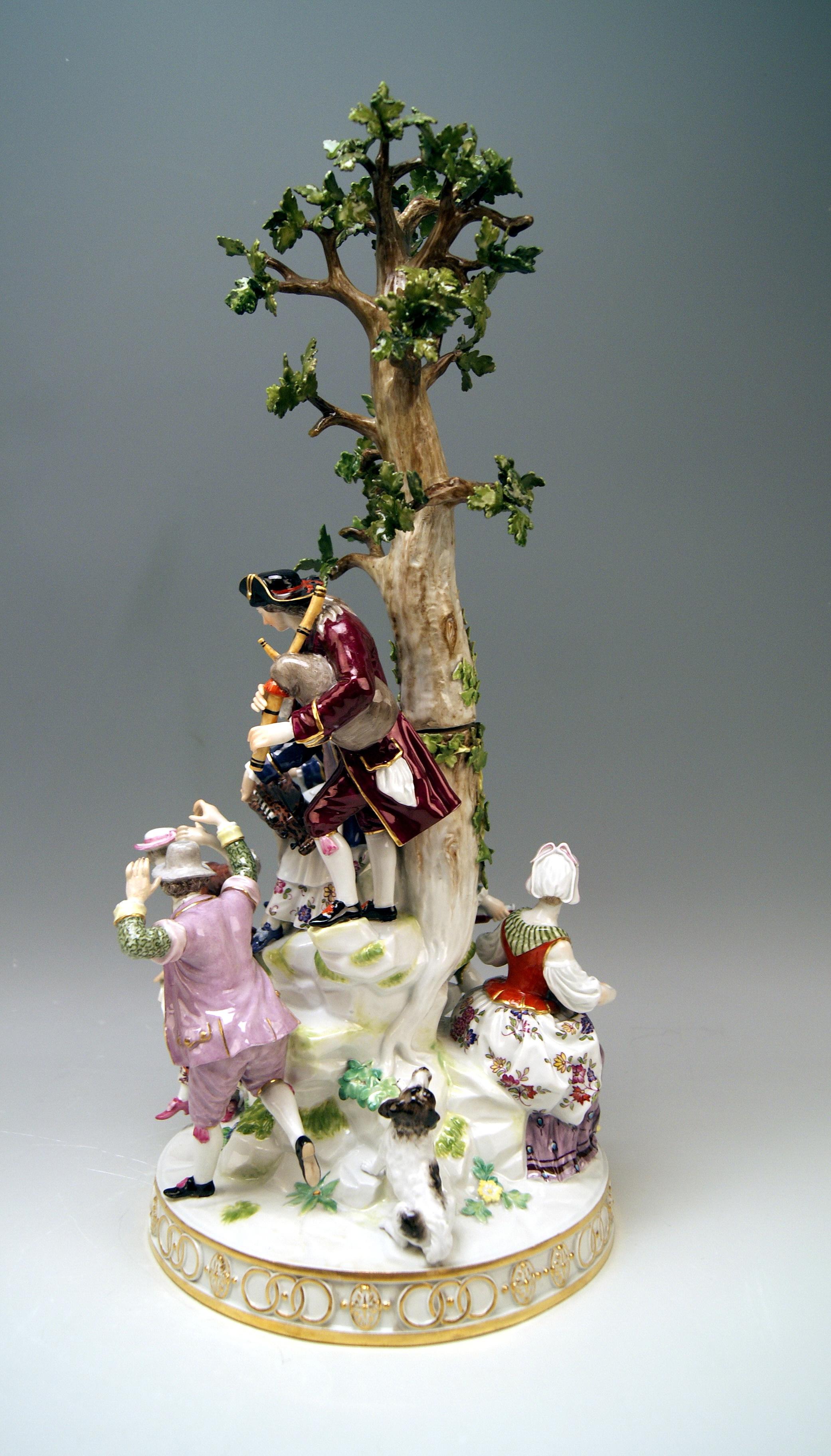 Painted Meissen Group Six Figurines Gardeners Musicians, Acier Model D 96, circa 1870