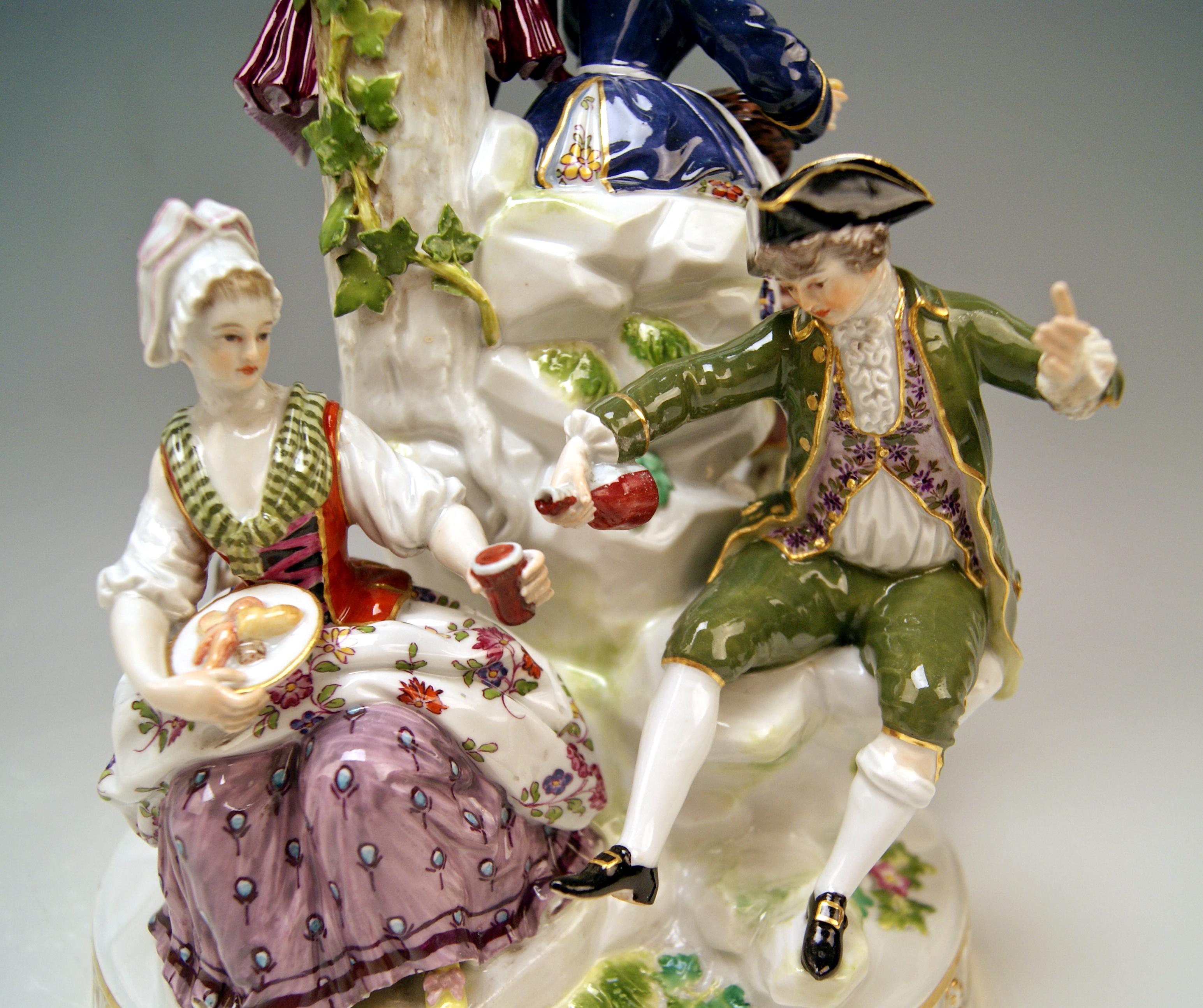 Late 19th Century Meissen Group Six Figurines Gardeners Musicians, Acier Model D 96, circa 1870