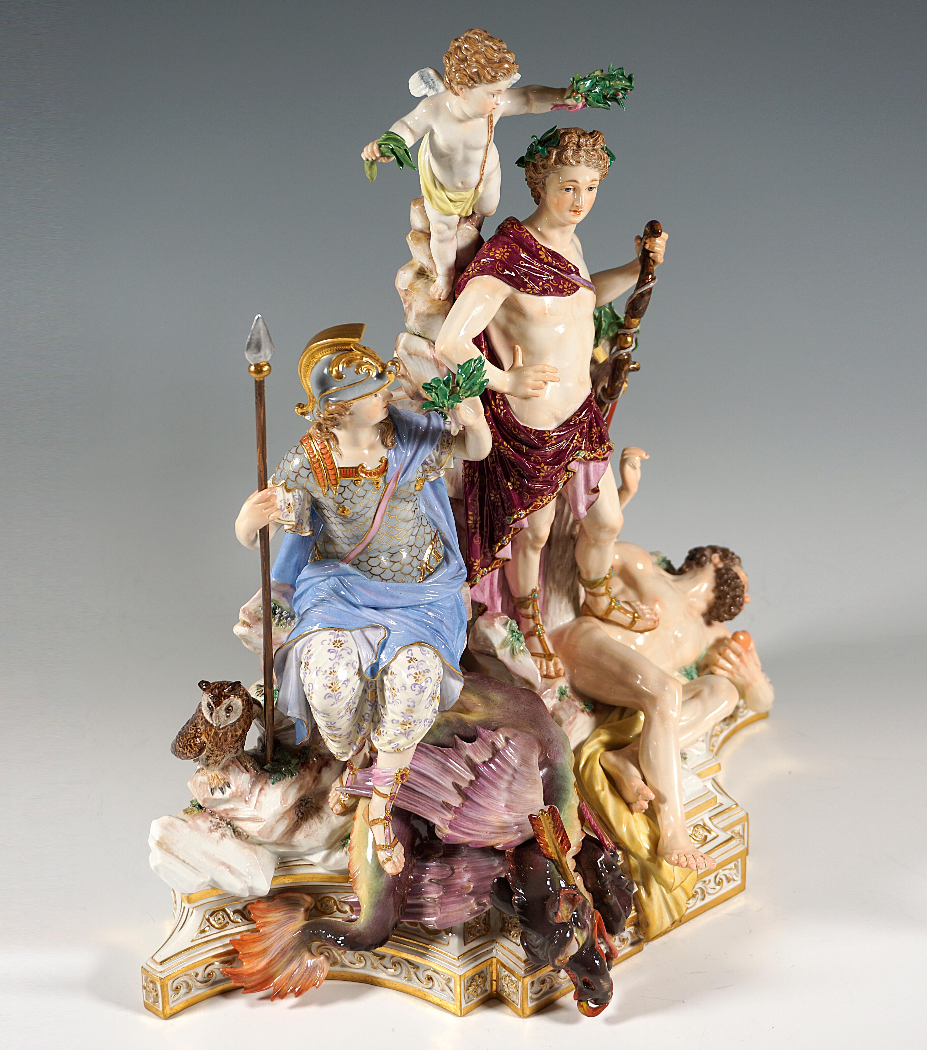 Very rare and excellent porcelain sculpture:
Kaendler created the group Apollo and Python as a triangular composition in March and May of1774. Apollo stands in the highest place as the radiant victor over the dragon Python and over the