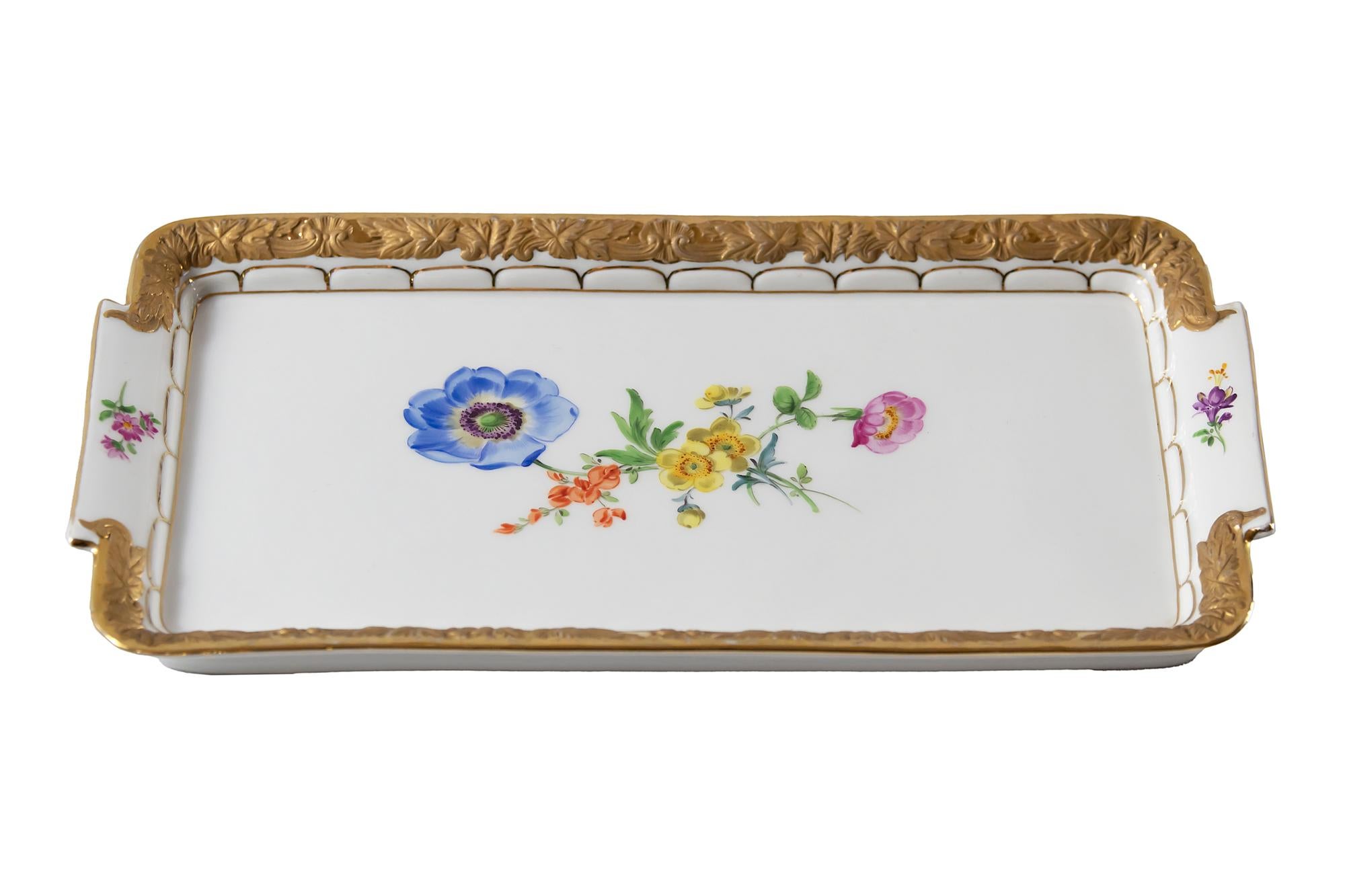 Meissen Porcelain plate/tray with hand painted floral motives and rich gold decor.
