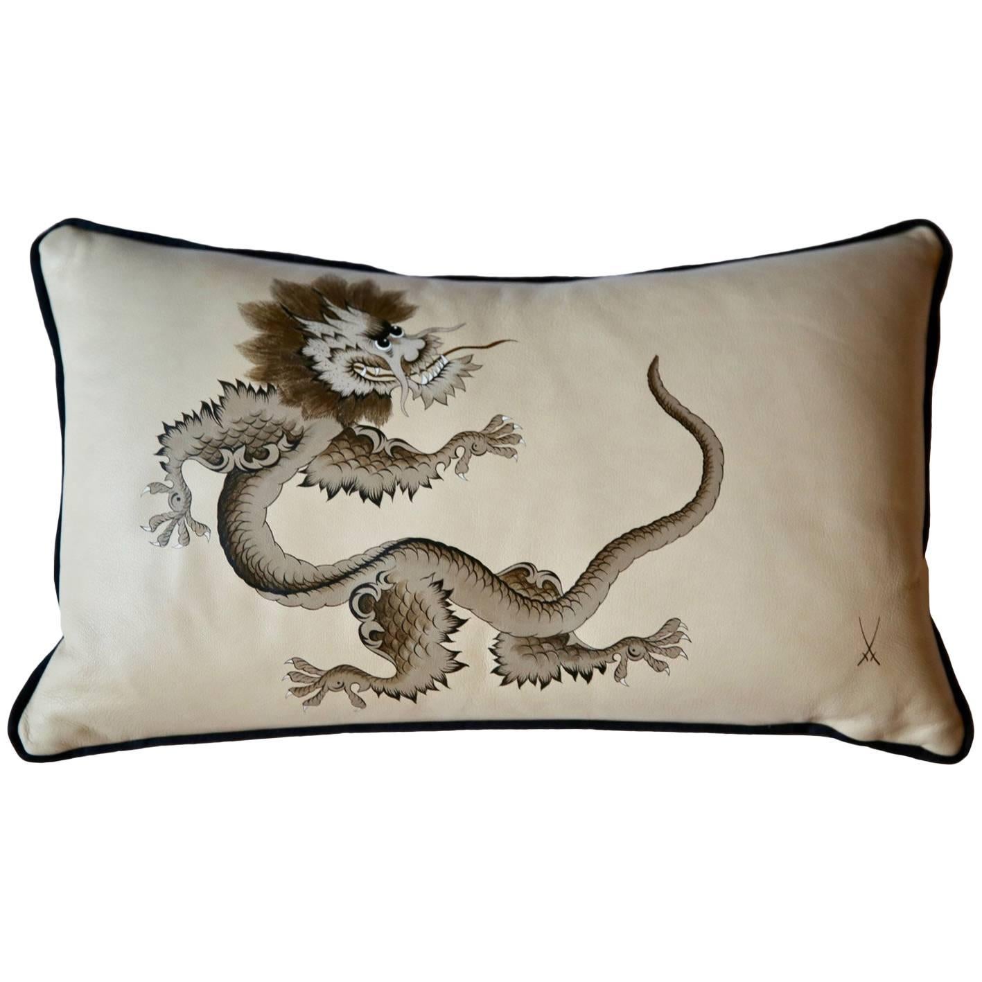 Meissen Hand Painted Leather Dragon Cushion For Sale