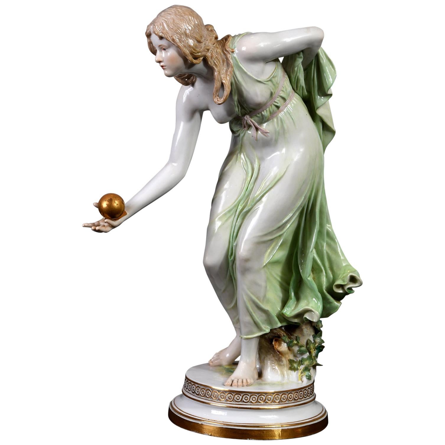 Meissen Hand Painted Porcelain Maiden Figure "Kugelspielerin"