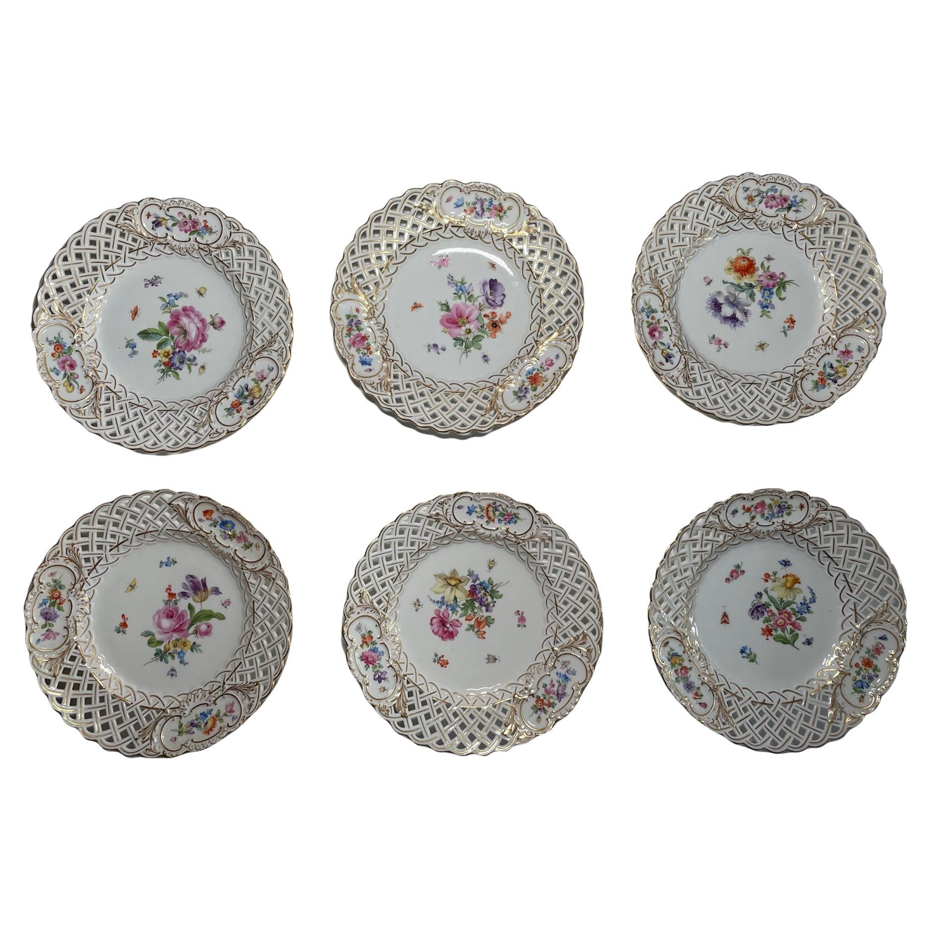 Meissen Hand Painted Porcelain Set of Six Cabinet Plates