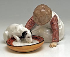 Meissen Hentschel Child Boy Figurine with Drinking Dog Model W 123, circa 1905
