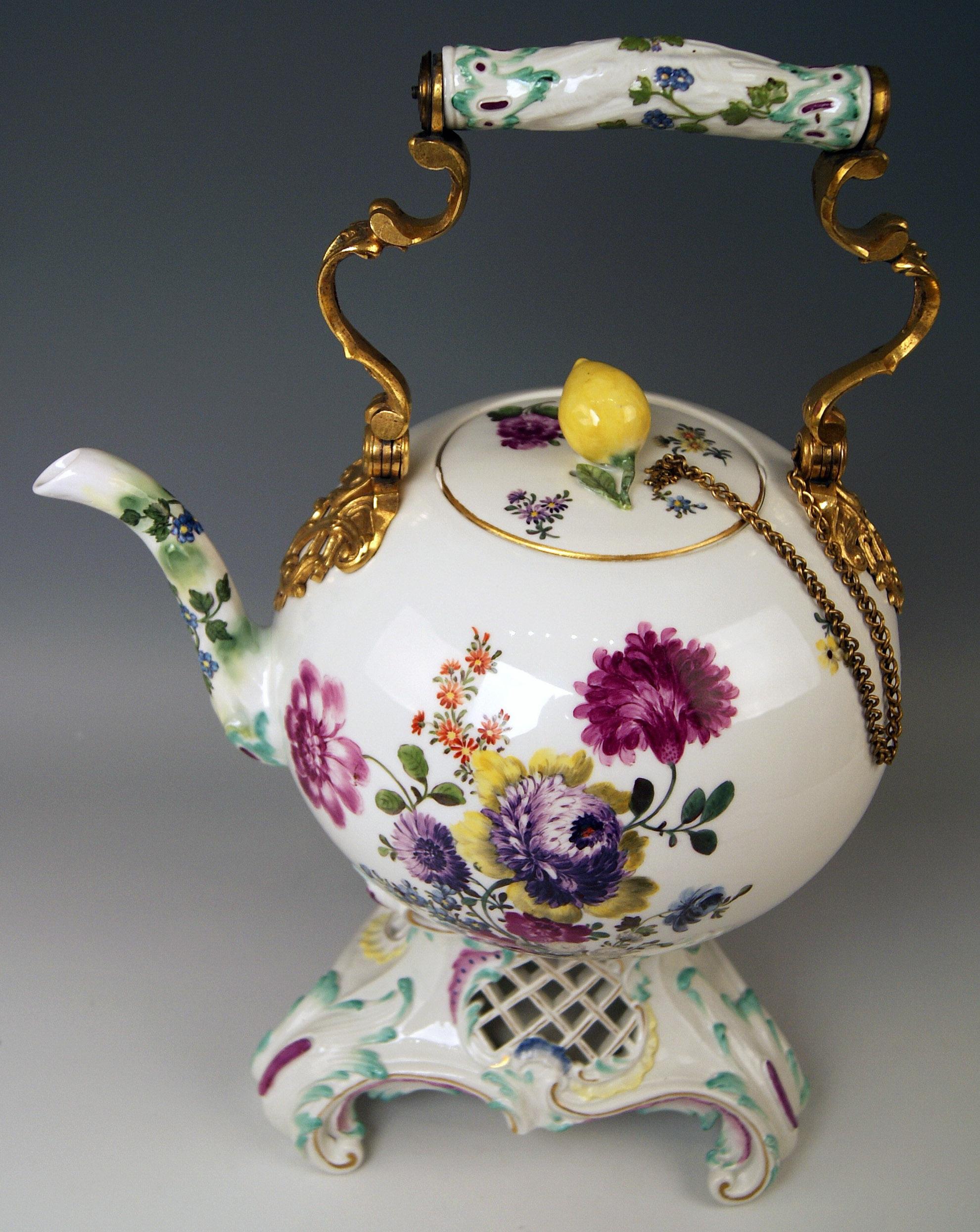 Hand-Painted Meissen Huge Tea Pot and Warmer Rococo Period Flowers Paintings Höroldt Era 1750