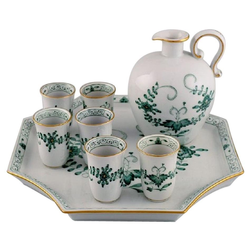 Meissen Indian Green Sake / Schnapps Set on Tray in Hand-Painted Porcelain