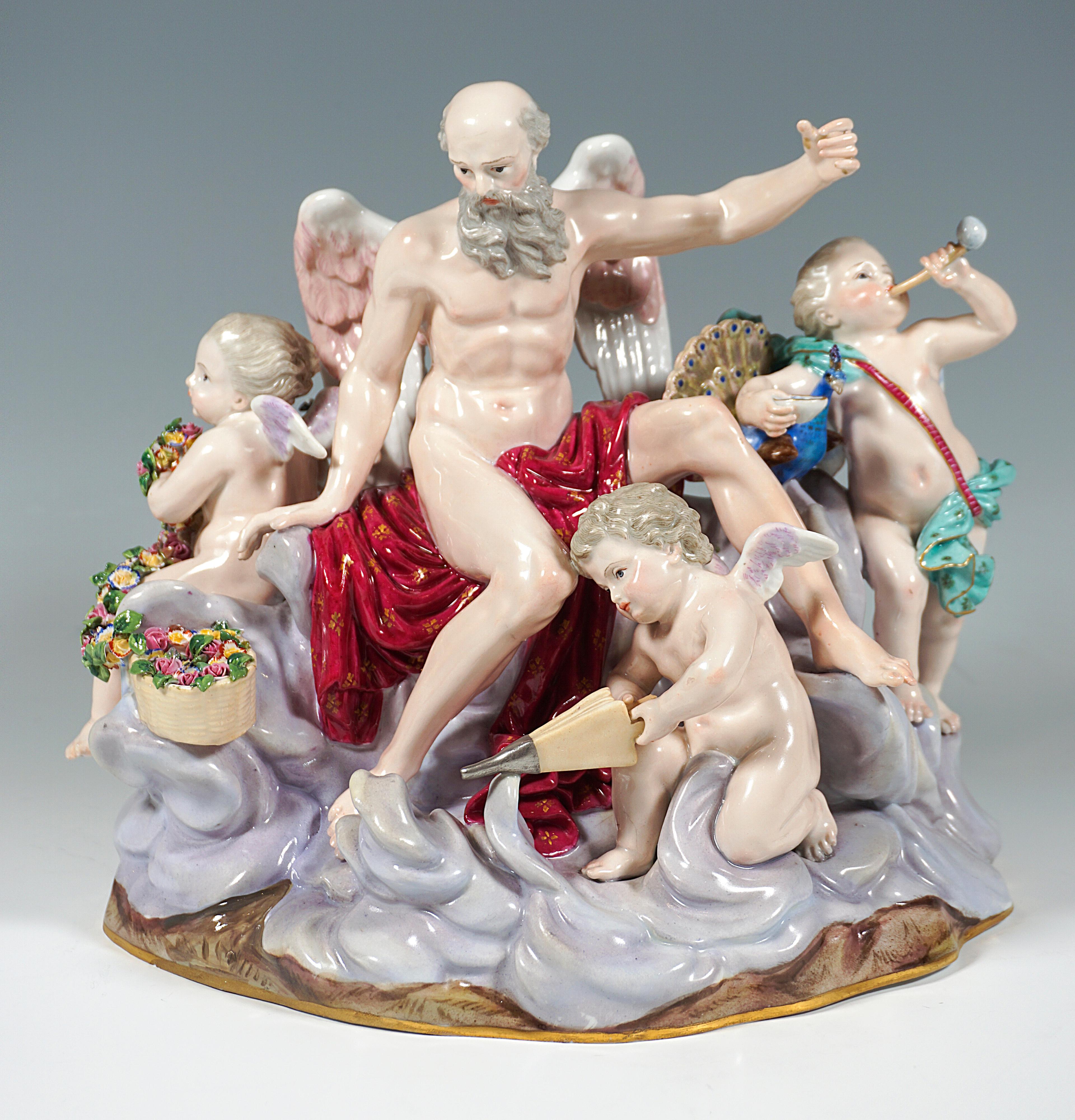 Excellent Meissen porcelain group of the 19th century:
Depiction of a bearded old man with angel wings, covered only with a cloth, sitting in the middle of a mountain of clouds, probably Chronos from Greek mythology, symbolizing the passage of life