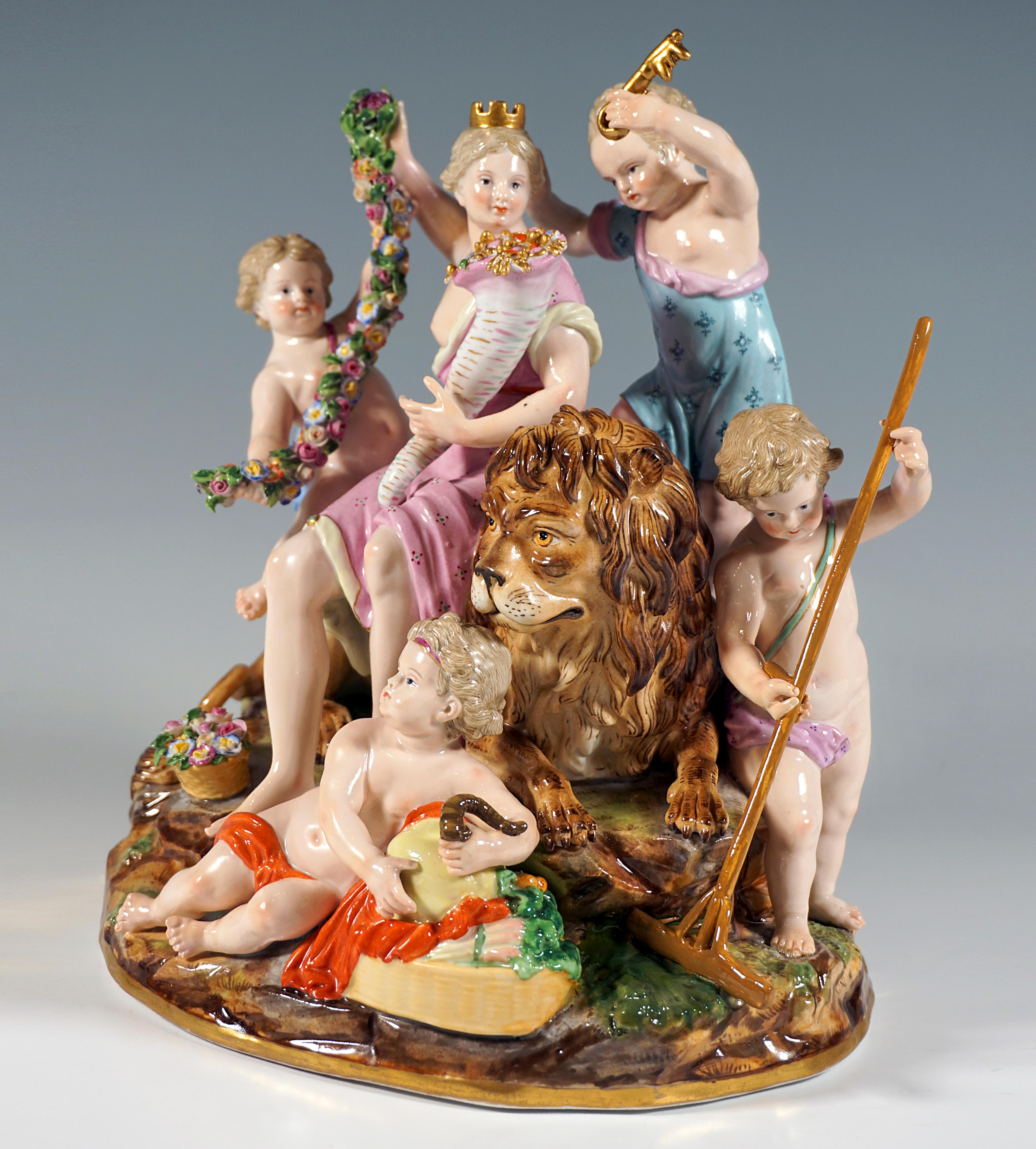Excellent Meissen porcelain group of the 19th century:
Depiction of the goddess Kybele, the great Phrygian mother of the gods 'Magna Mater', seated with a mural crown on a reclining lion, holding a cornucopia on her lap, symbol of wealth and