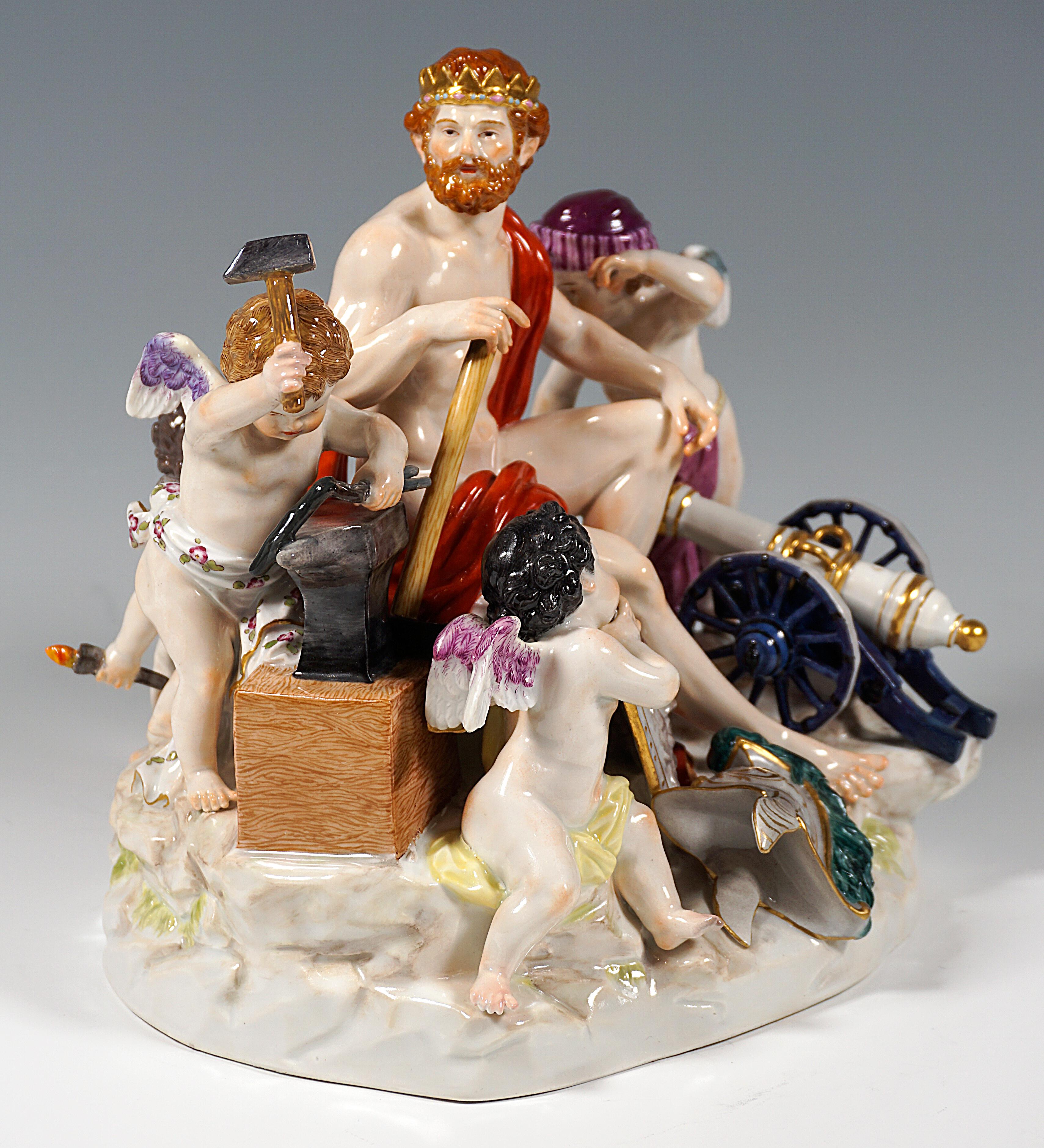 Excellent Meissen porcelain group of the 19th century:
Depiction of the merely cloth-covered, bearded and crowned god Hephaestus (Roman: Vulcanus) seated centrally on a rock, holding a long-handled hammer beside him and looking off to the side,