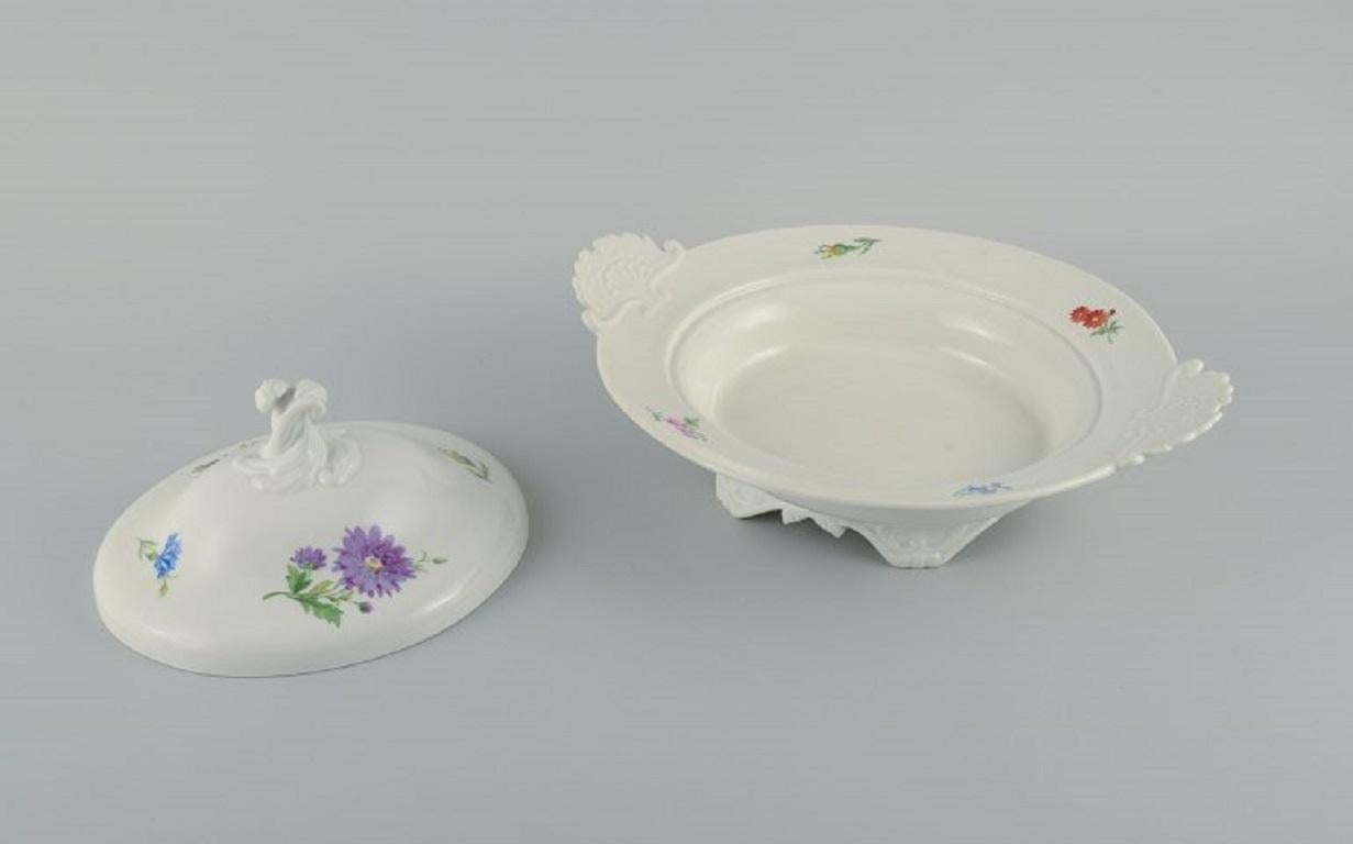 Hand-Painted Meissen, Large Round Tureen with Lid, Hand Painted with Flowers For Sale