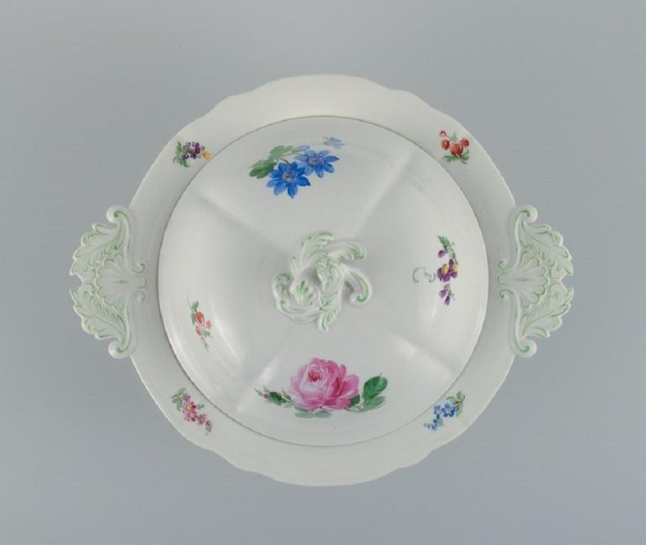 German Meissen, Large Round Tureen with Lid, Hand Painted with Flowers, Late 19th C. For Sale