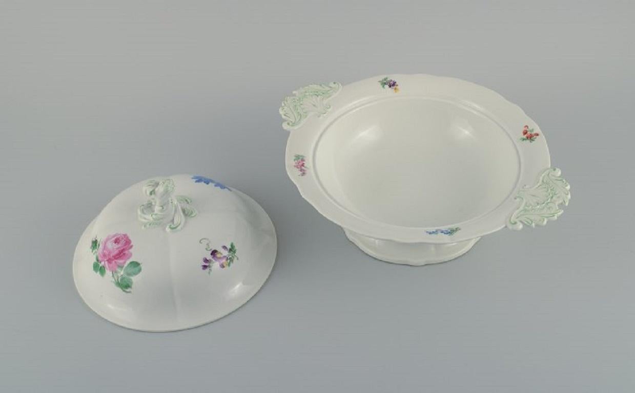 Porcelain Meissen, Large Round Tureen with Lid, Hand Painted with Flowers, Late 19th C. For Sale
