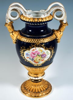 Meissen Large Snake Handle Vase Cobalt With Flower Painting & Gilding, 20th