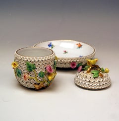 Meissen Lidded Cup Saucer Snowball Pattern Canaries Rose Flowers