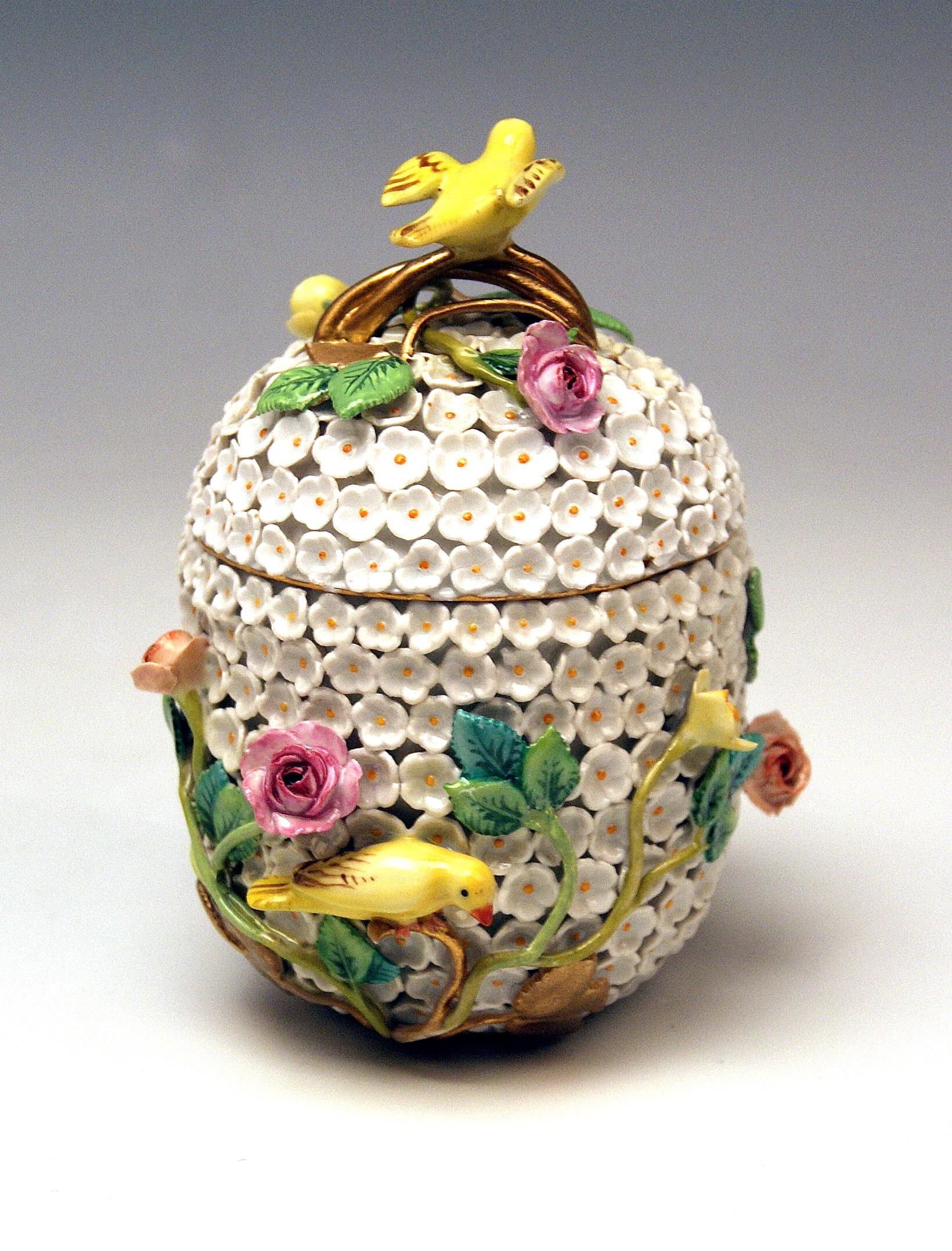 Porcelain Meissen Lidded Cup Saucer Snowball Pattern Canaries Rose Flowers