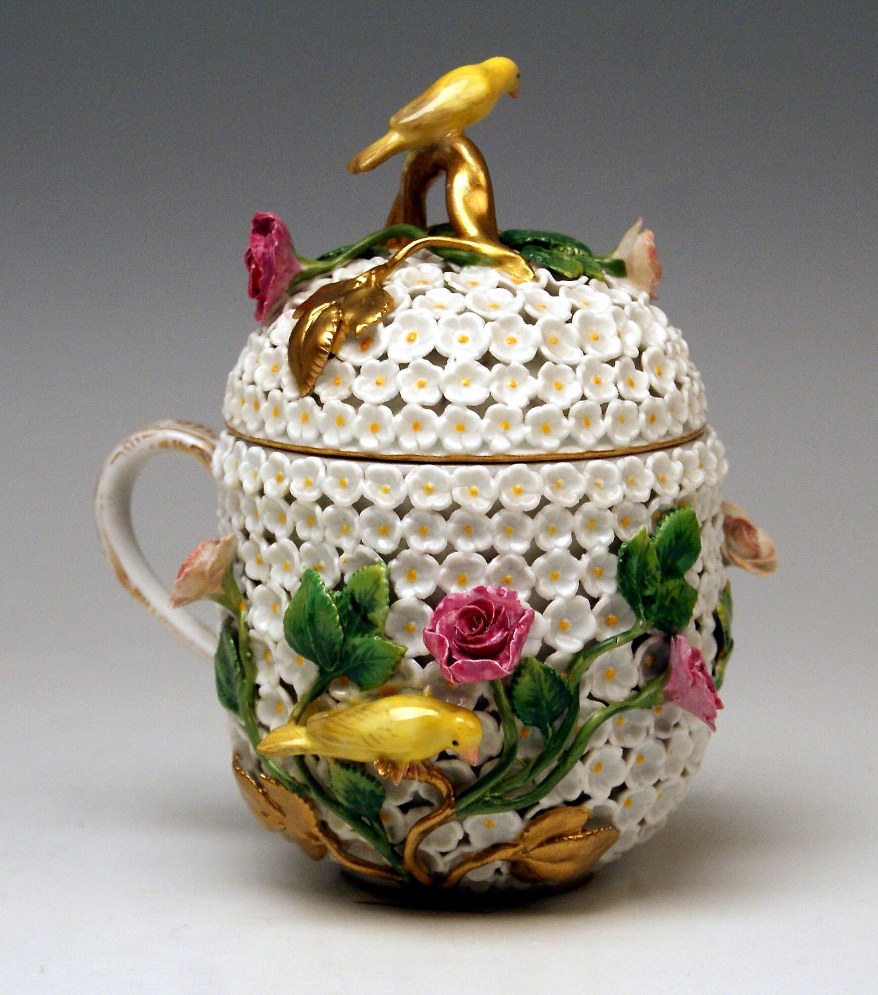 Rococo Meissen Lidded Cup with Snowball Pattern and Handle Made circa 1850