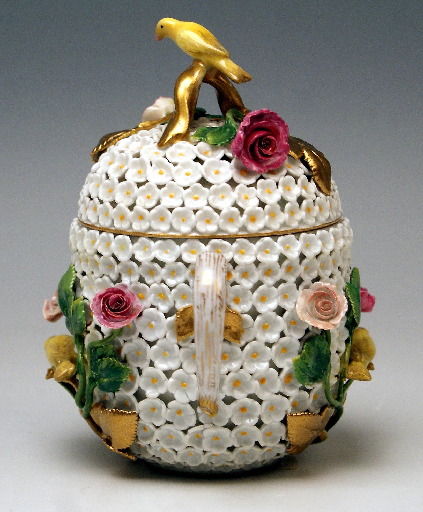 German Meissen Lidded Cup with Snowball Pattern and Handle Made circa 1850