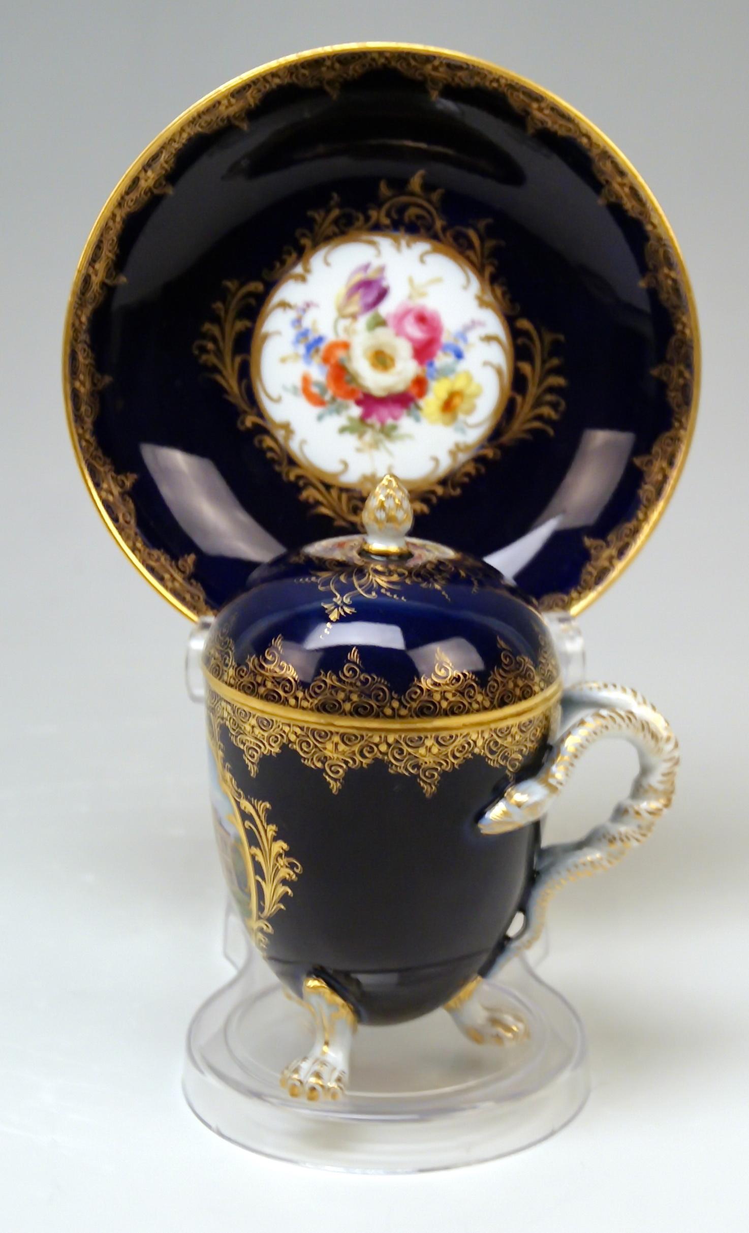 Meissen nicest egg cup and saucer, abundantly painted (= decorated with view of castle as well as with flowers)

Manufactory: Meissen
Dating: made during 19th century (circa 1860-1870)
Hallmarked: Meissen Mark with Pommels on Hilts (= 19th