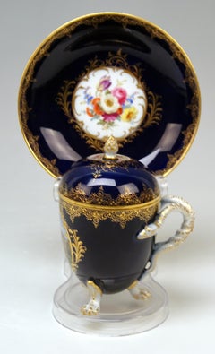 Meissen Lidded Egg Cup Saucer Castle View Dresden Germany Flower Paintings, 1870