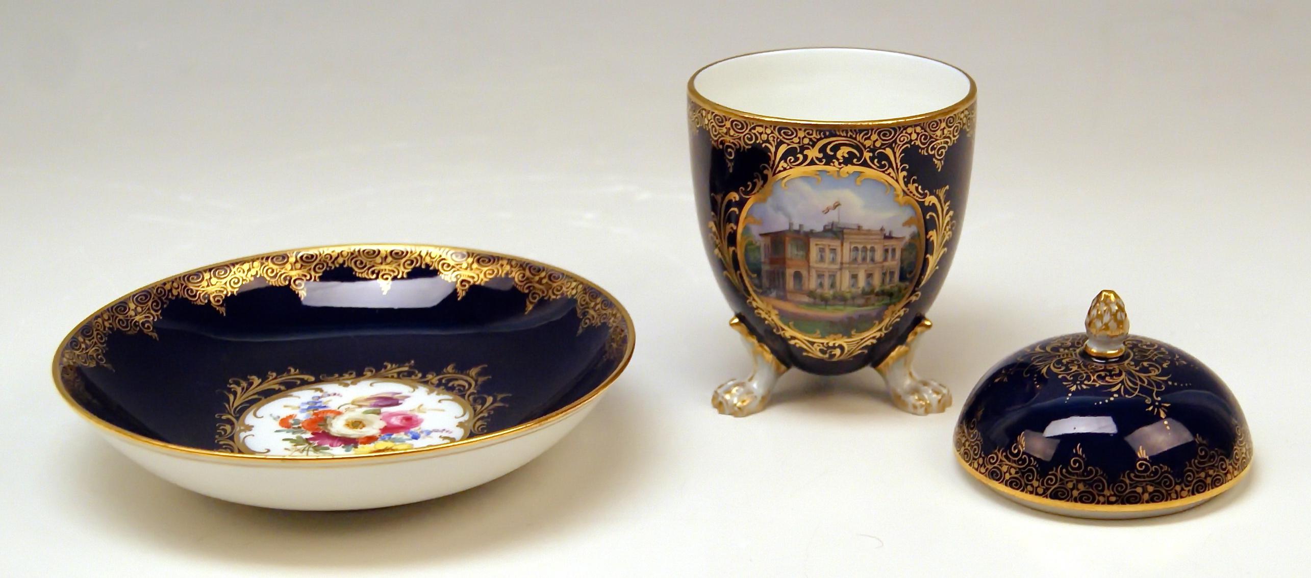Painted Meissen Lidded Egg Cup Saucer Castle View Dresden Germany Flower Paintings, 1870