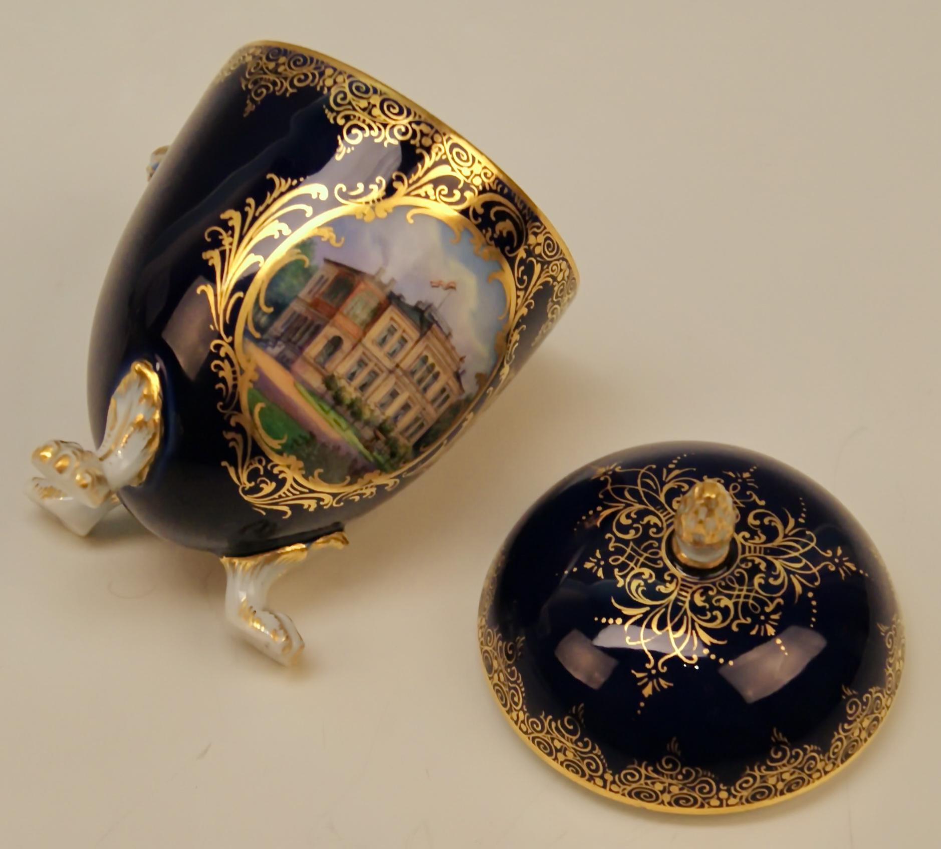 Mid-19th Century Meissen Lidded Egg Cup Saucer Castle View Dresden Germany Flower Paintings, 1870