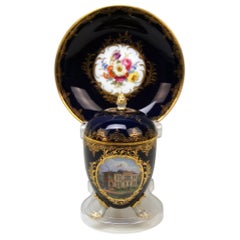 Meissen Lidded Egg Cup Saucer Castle View Dresden Germany Flower Paintings, 1870