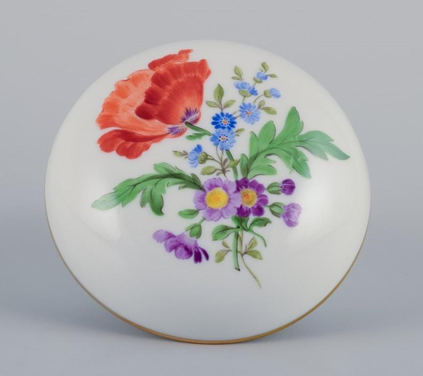 German Meissen, lidded jar in porcelain. Polychrome flower motifs in overglaze. For Sale