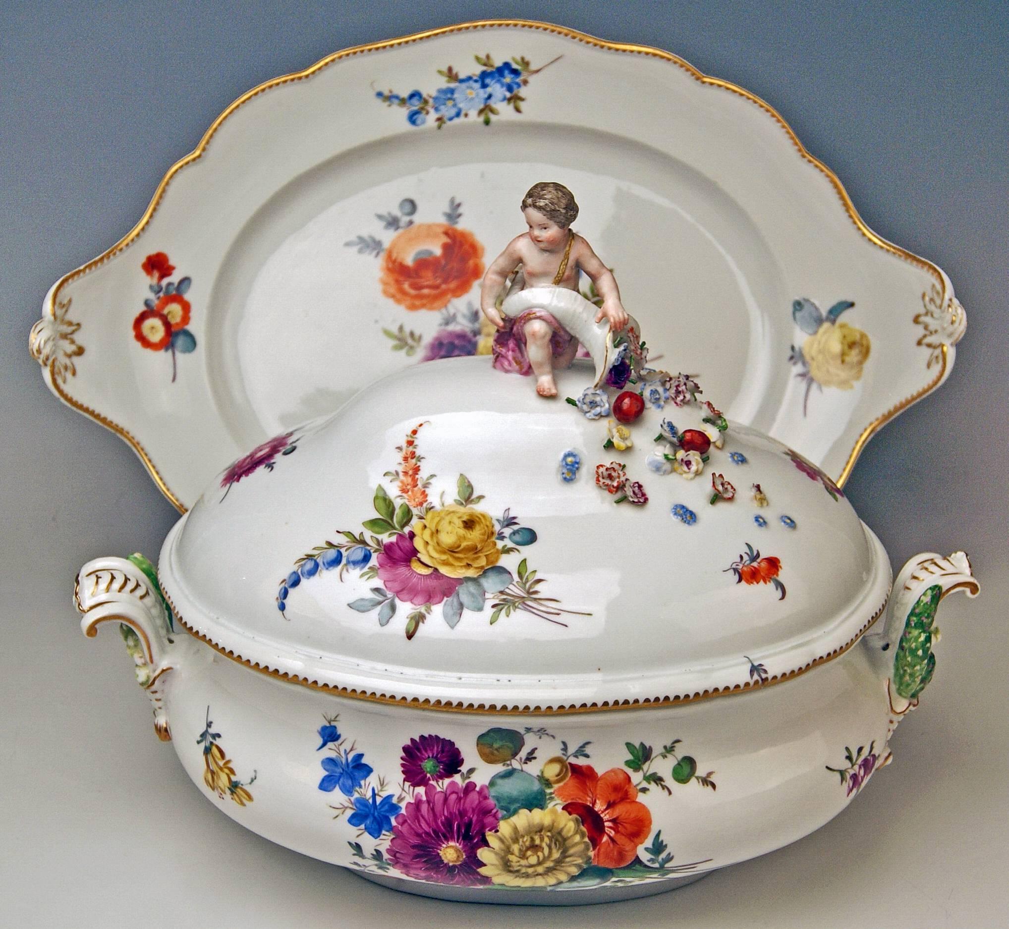Meissen gorgeous items: Meissen lidded tureen with cherub holding Cornucopia and oval platter.

Dating: Rococo era = Marcolini period / made circa 1780
Material: white porcelain / glossy finish
Technique: porcelain (modelled and fired) /